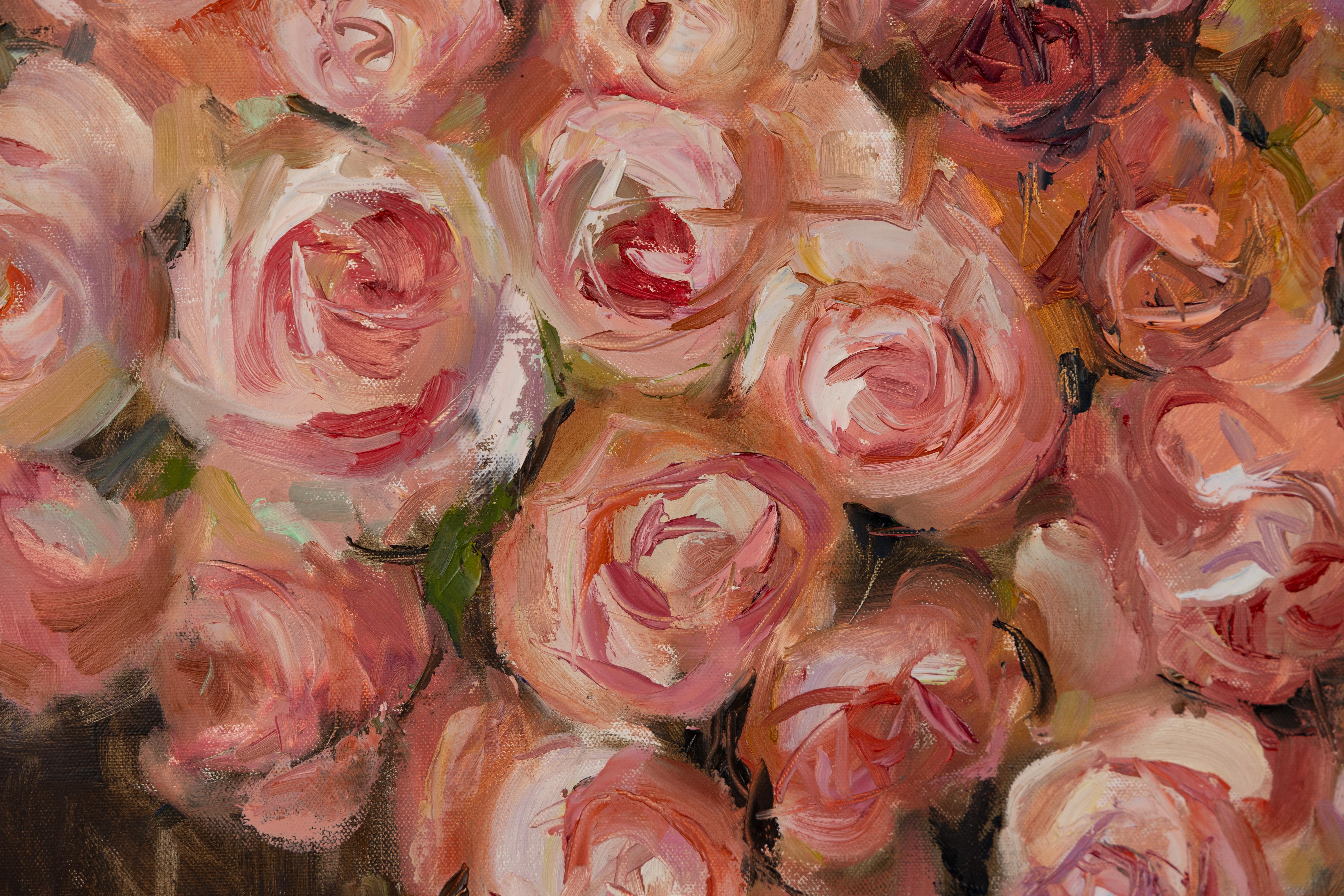 What could be nicer than a bouquet of roses for a beautiful woman? Just a picture of a bouquet of flowers, because it will stay with your loved one forever! Look at the warmth and charm emanating from each flower! The painting is executed in the