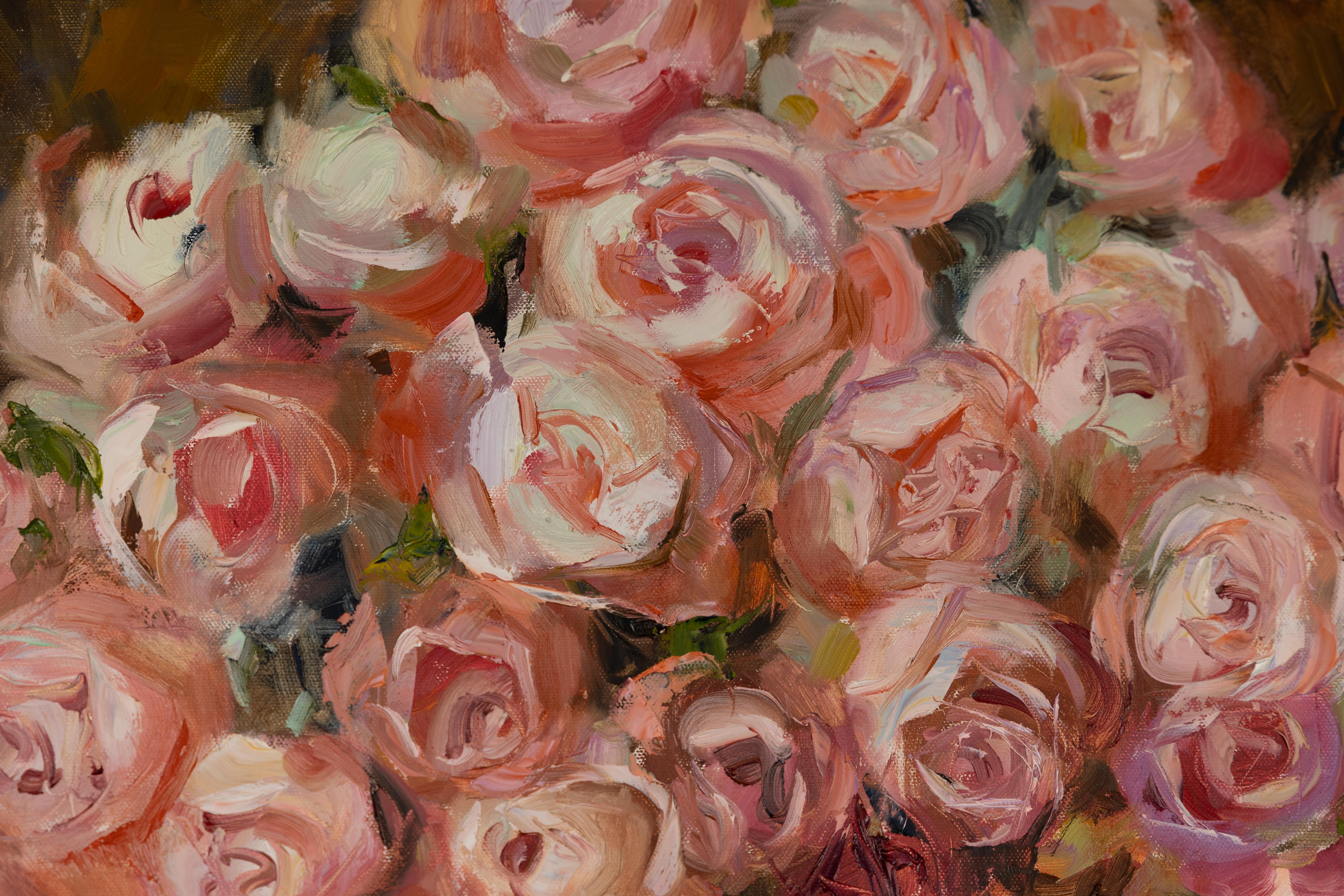 Roses. Flowers, vertical still life, oil. Pink. Gift. Floral. For Sale 1