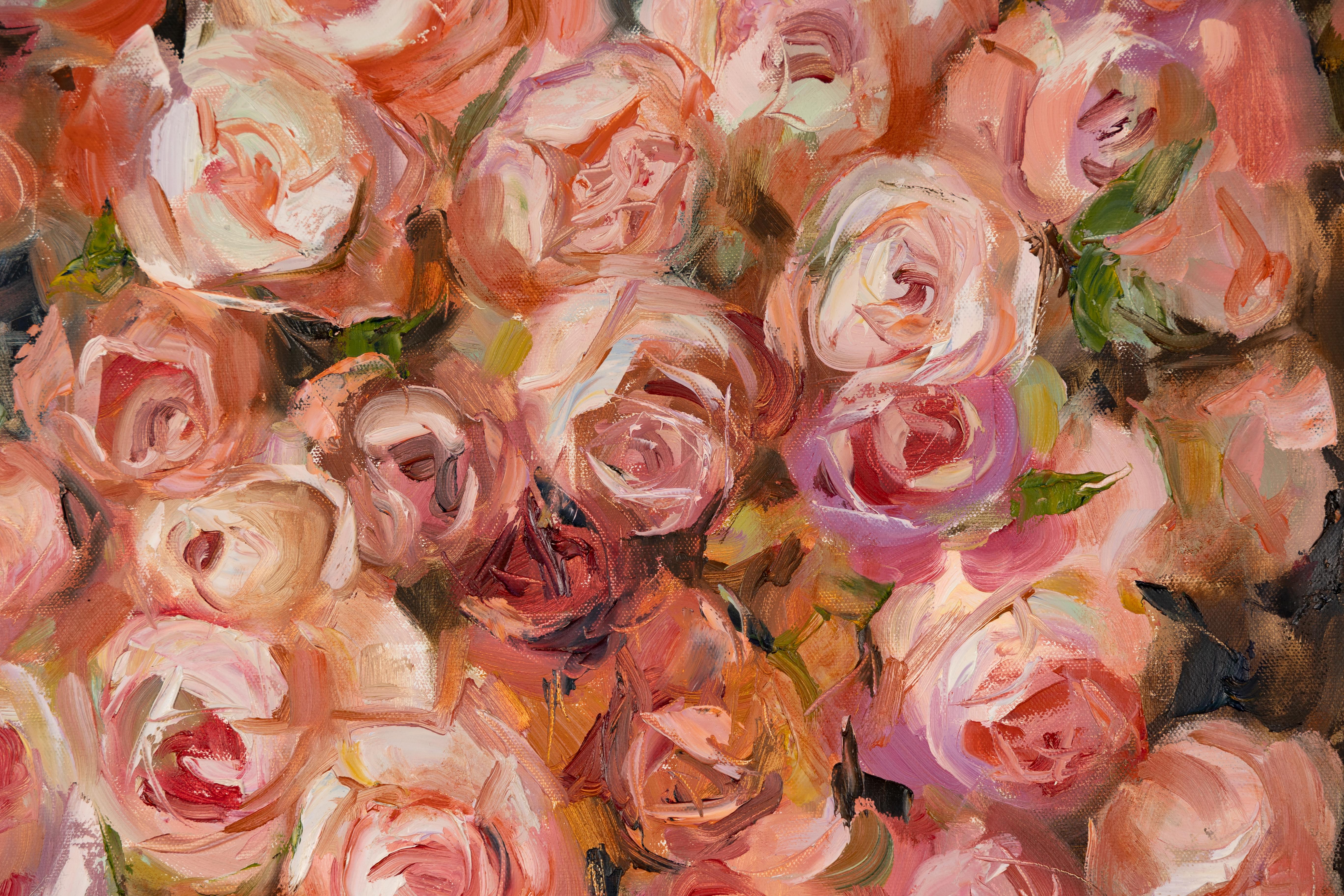 Roses. Flowers, vertical still life, oil. Pink. Gift. Floral. For Sale 2
