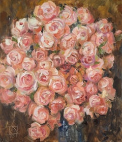 Des roses. Fleurs, nature morte verticale, huile. Rose. Cadeau.