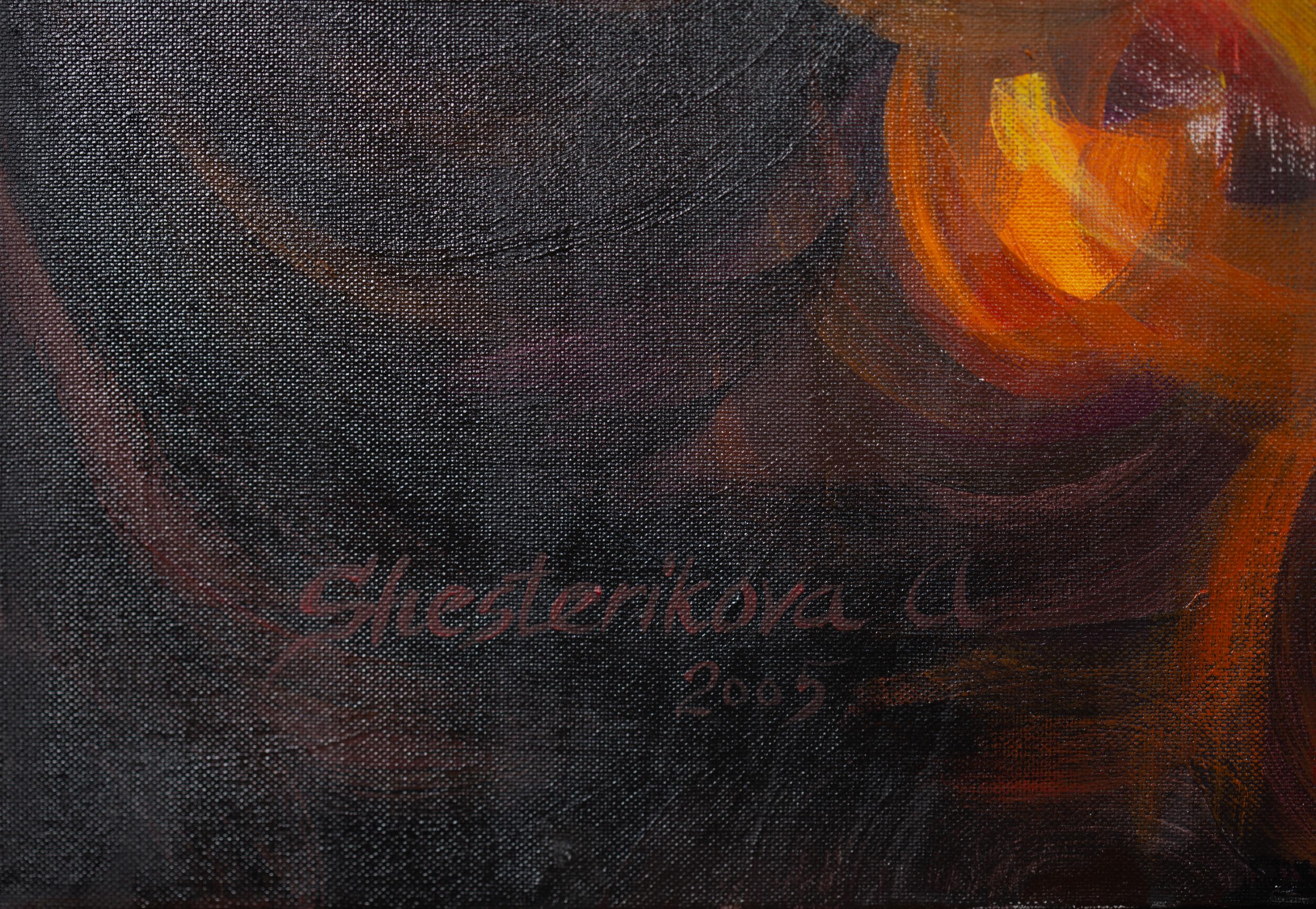 Samba of the White Butterfly. Wall design, square, black, red, decorative, fire - Black Figurative Painting by Anna Shesterikova