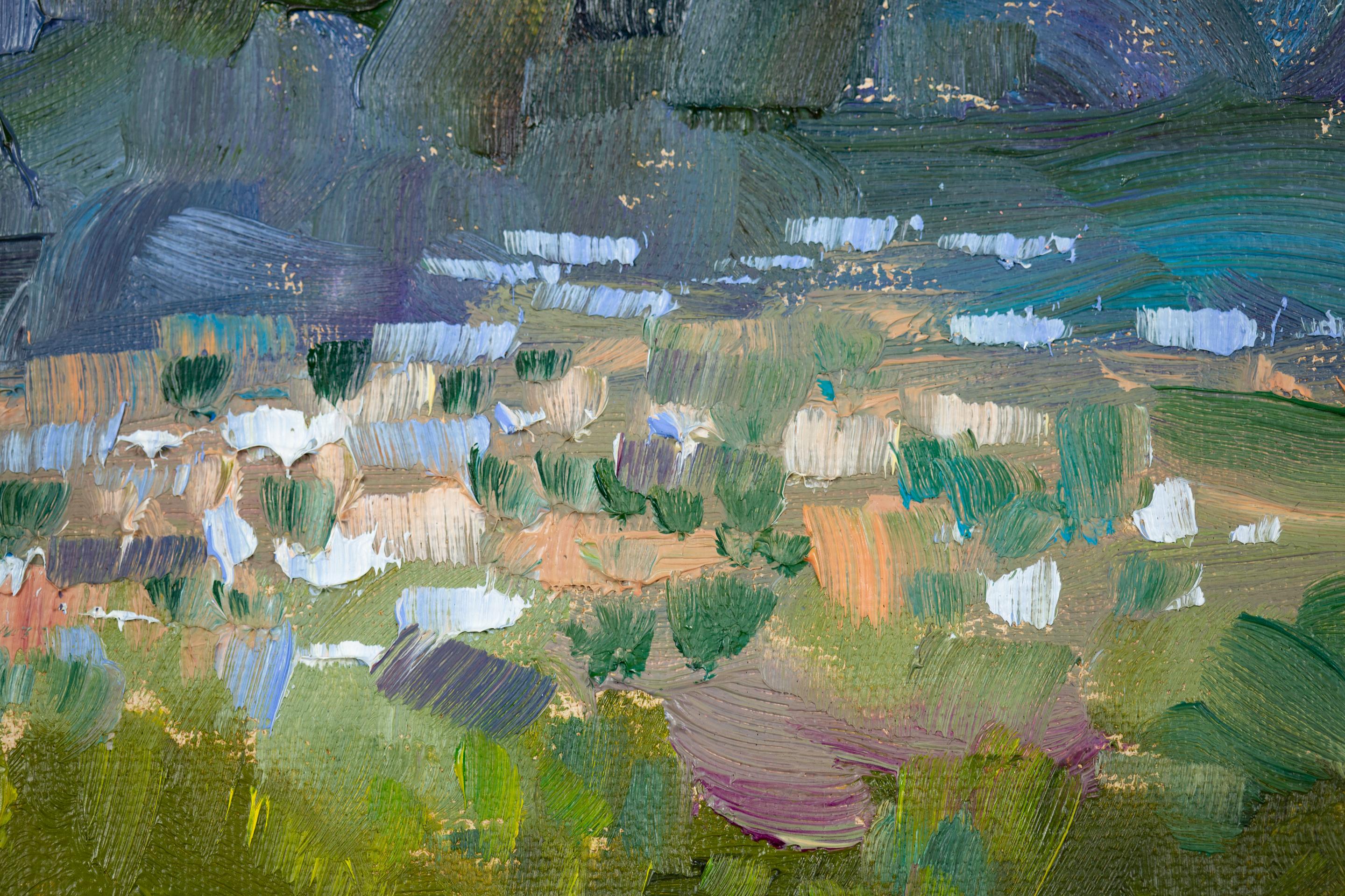 San Marino, landscape oil on canvas, horizontal, mountain, summer, blue For Sale 5