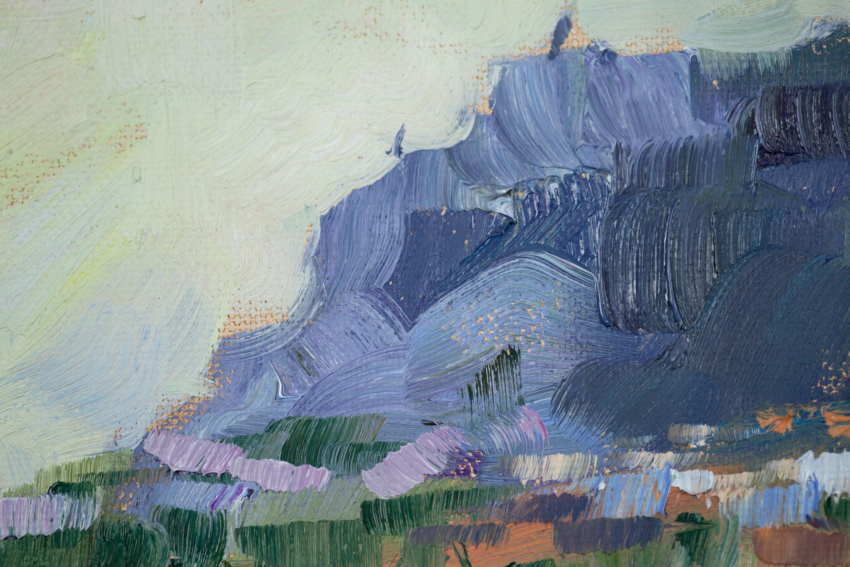 San Marino, landscape oil on canvas, horizontal, mountain, summer, blue For Sale 6