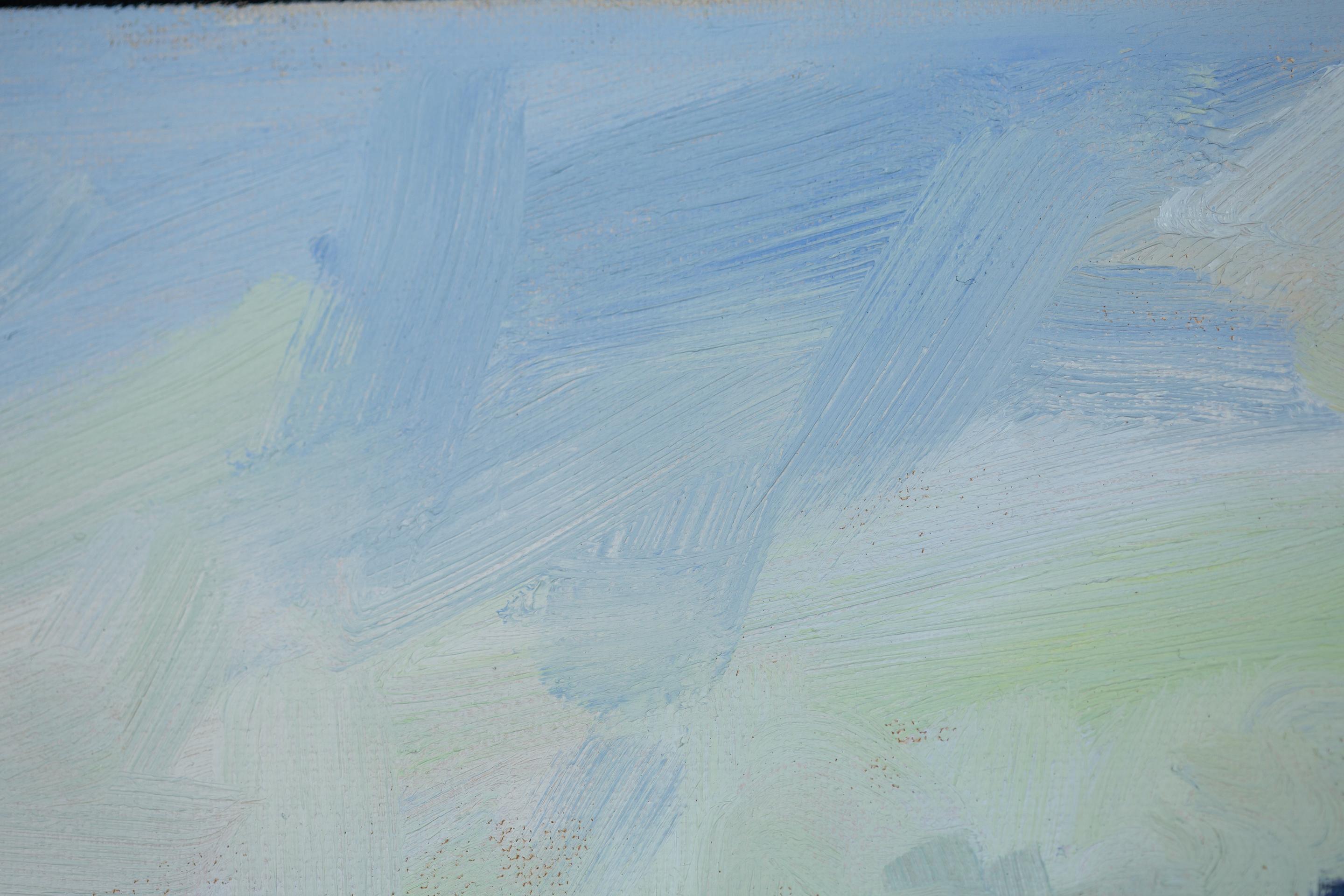 San Marino, landscape oil on canvas, horizontal, mountain, summer, blue For Sale 7