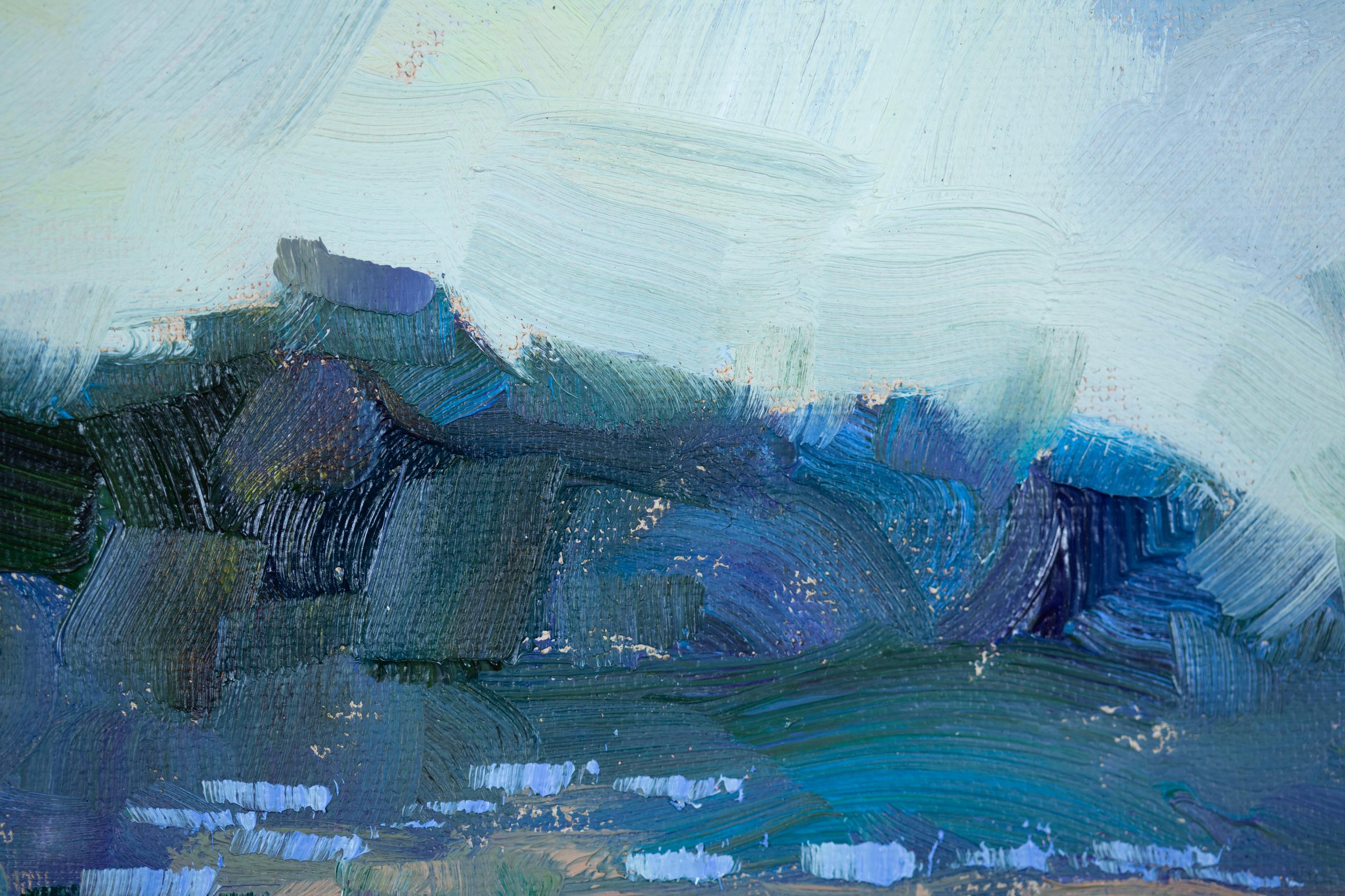 San Marino, landscape oil on canvas, horizontal, mountain, summer, blue For Sale 9