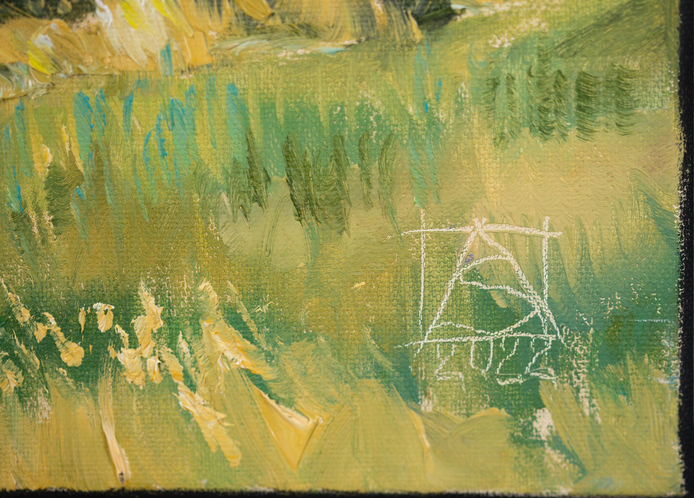 San Marino, landscape oil on canvas, horizontal, mountain, summer, blue - Beige Landscape Painting by Anna Shesterikova