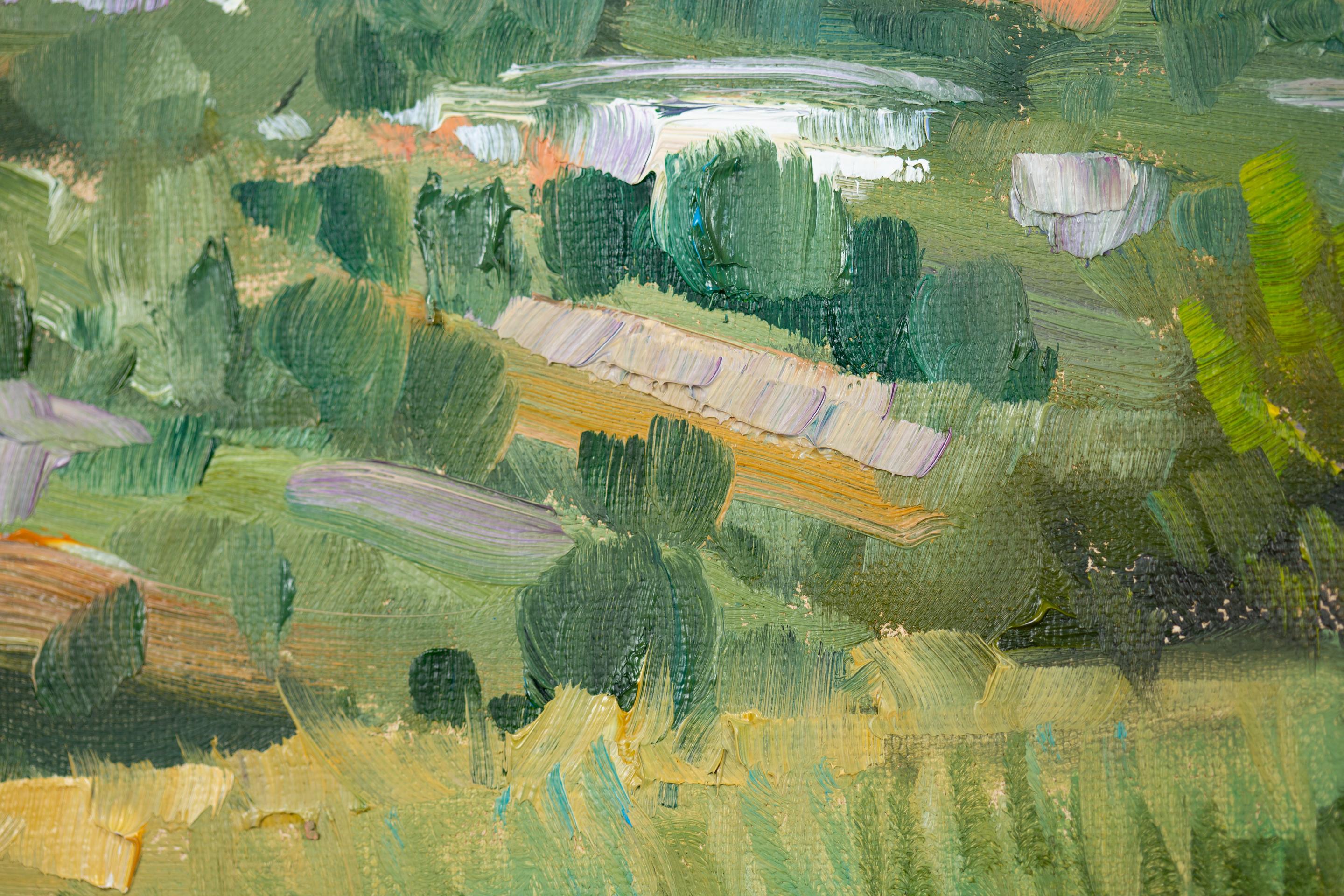 San Marino, landscape oil on canvas, horizontal, mountain, summer, blue For Sale 3