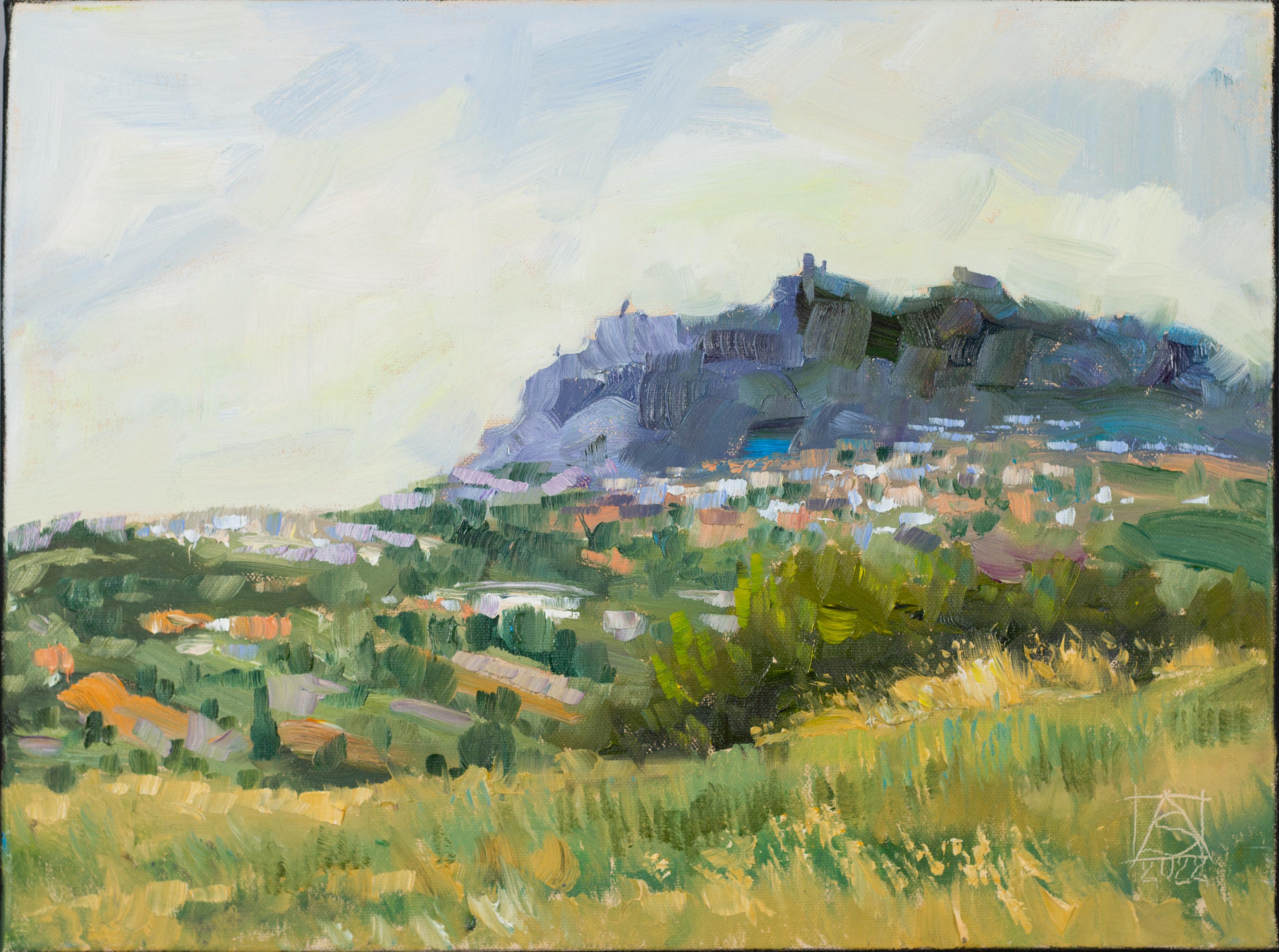Anna Shesterikova Landscape Painting - San Marino, landscape oil on canvas, horizontal, mountain, summer, blue