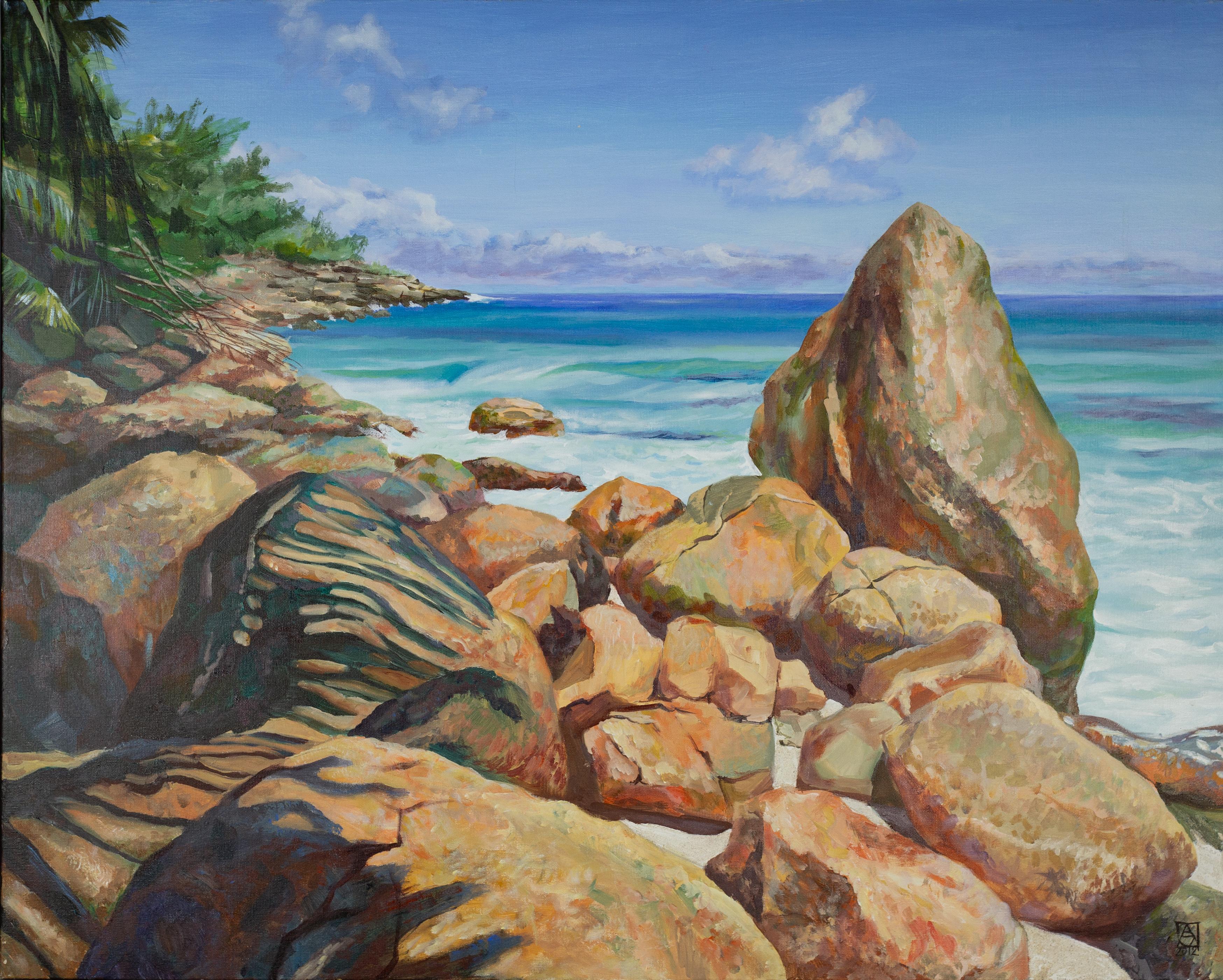 Acrylic painting, large horizontal format, Seychelles, ocean shore, impressionism

The painting "Sea Breeze," acrylic on canvas, sand, 90 x 100 cm, from the Seychelles series, is a painting in which the artist captures the breath of a tropical