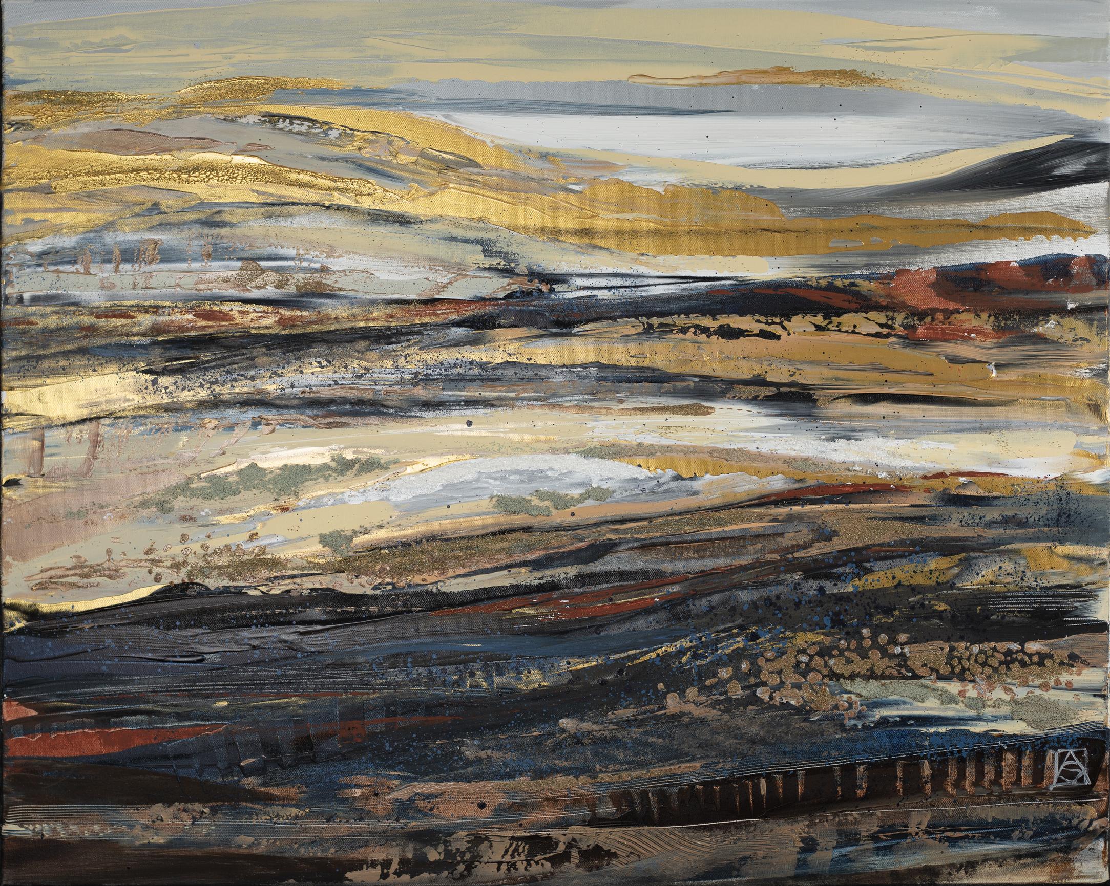 Anna Shesterikova Abstract Painting – Die Geheimnisse der Goldenen Berge. Horizontal, halb-abstrakt, großformatig