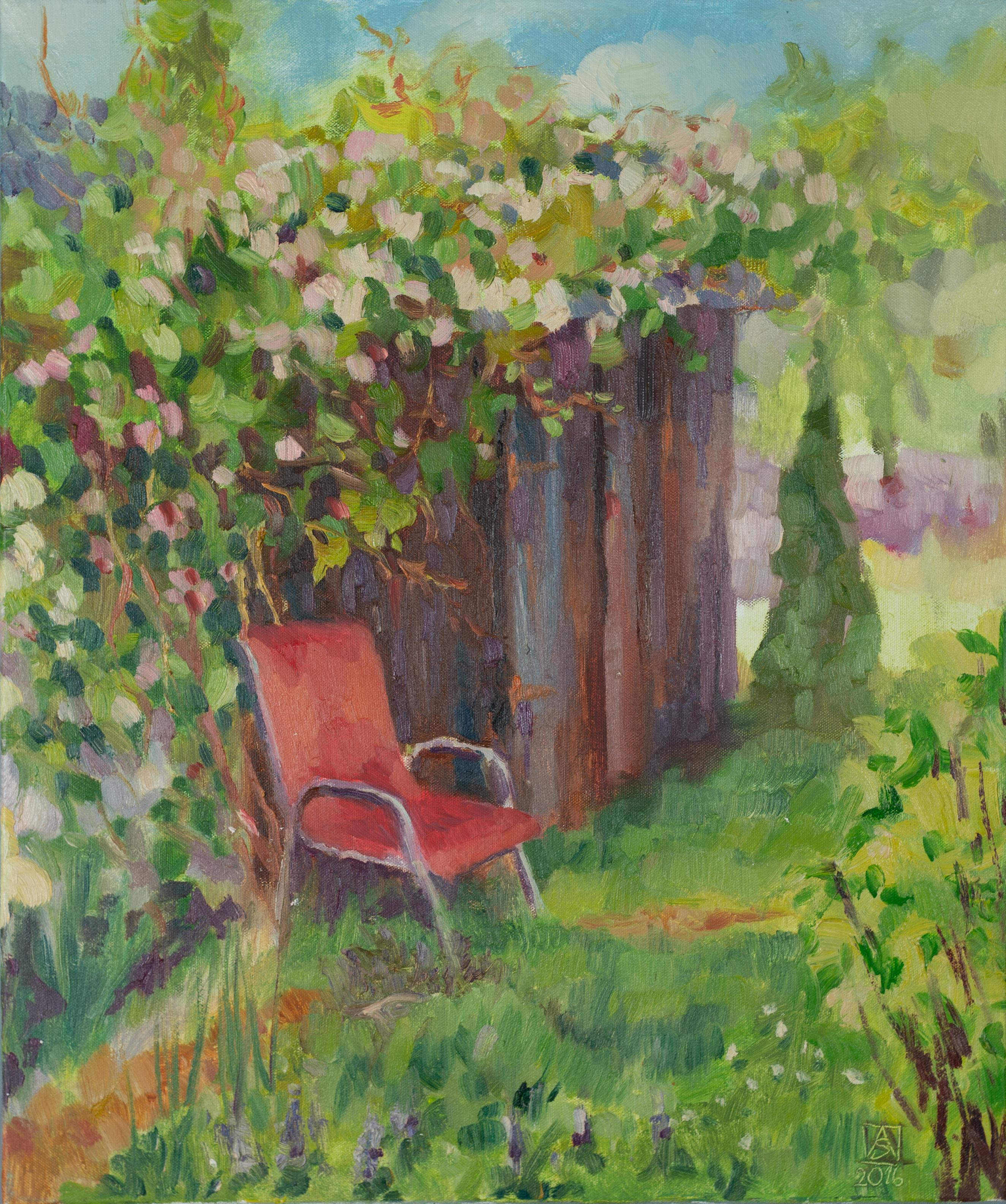 Anna Shesterikova Landscape Painting - Shady Nook. Landscape paintings, garden, flowers, vertical, chair, impressionism