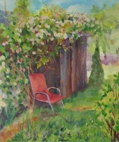 Schattiges Plätzchen. Landschaftsbilder, Garten, Blumen, vertikal, Stuhl, Impressionismus