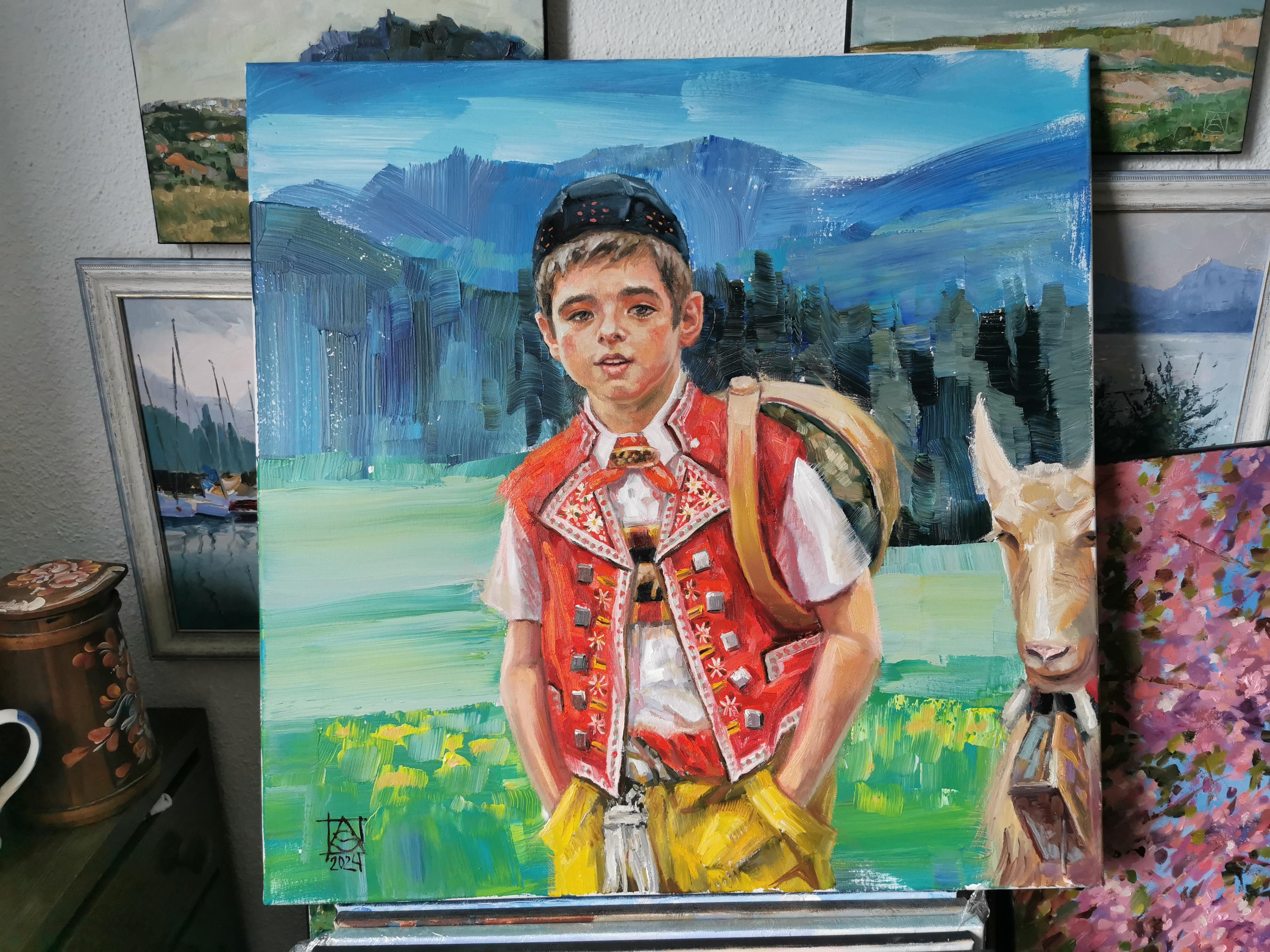 Berger d'Appenzell. Portrait d'un garçon suisse en costume national. en vente 10