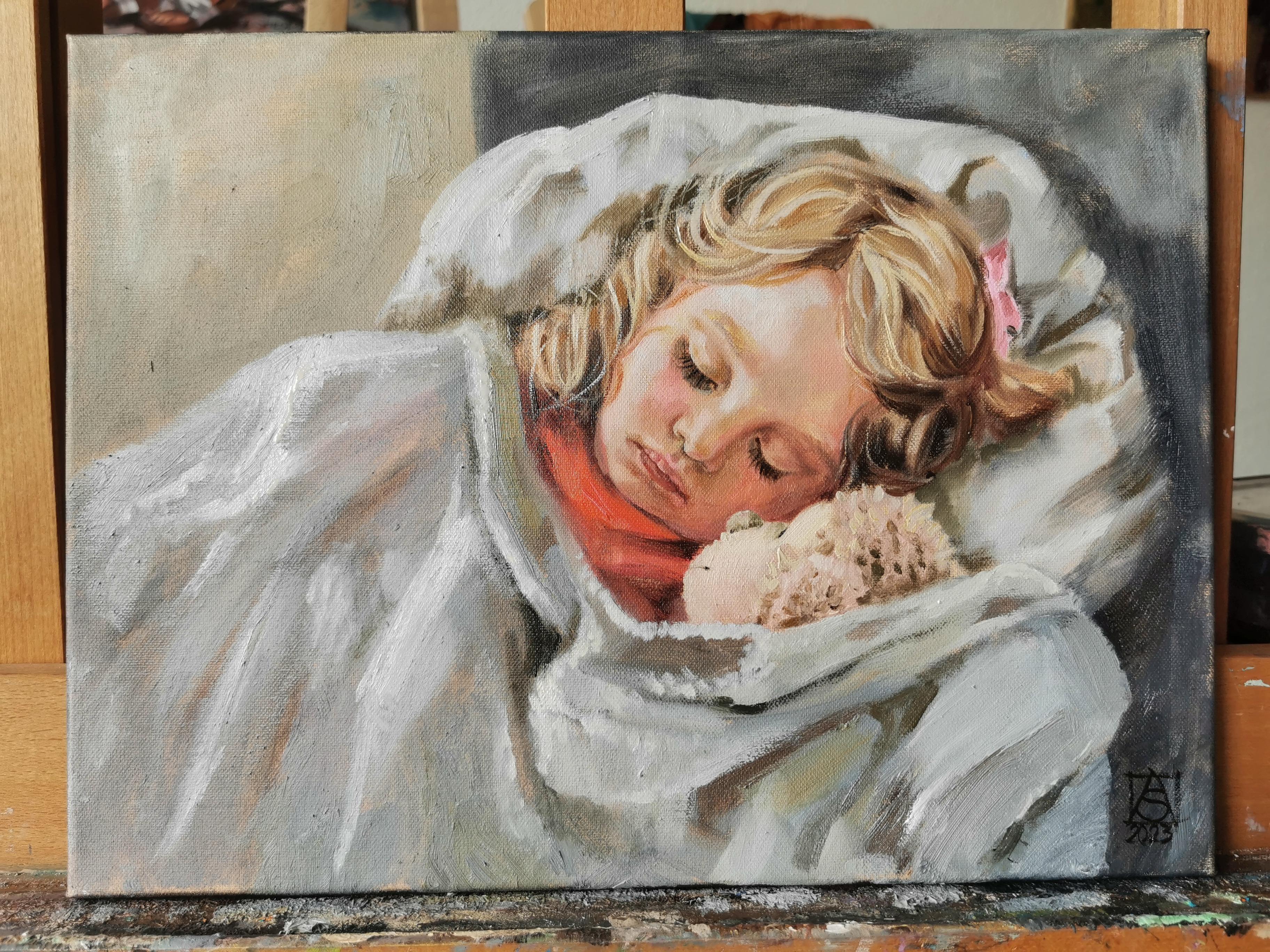 Schlafendes Mädchen. Porträt, Kind, horizontal, Öl, Impressionismus im Angebot 5