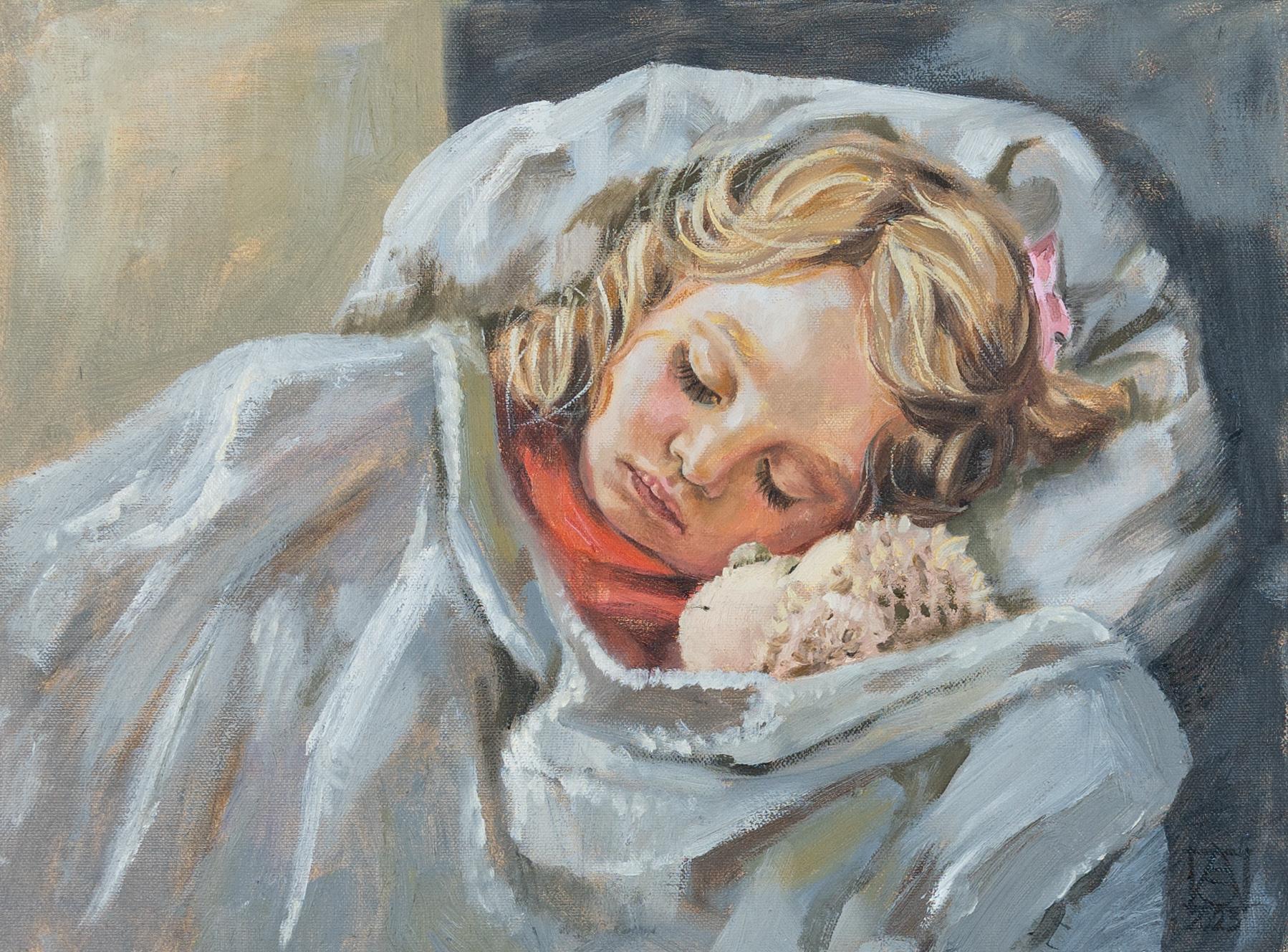 Anna Shesterikova Portrait Painting - Sleeping girl. Portrait, child, horizontal, oil, impressionism, small