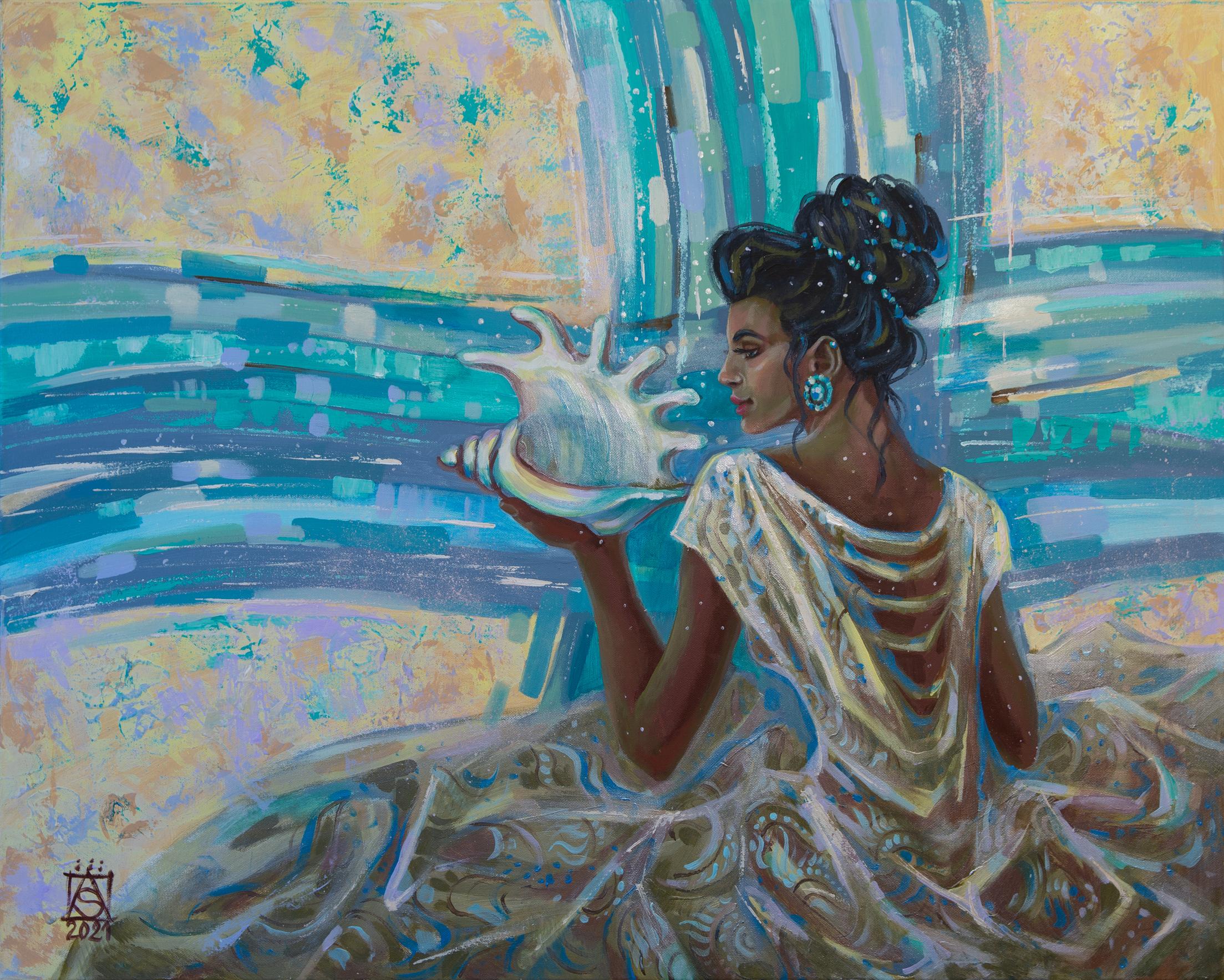 Anna Shesterikova Figurative Painting - Sounds Of The Sea. Acrylic painting, figurative, woman, waves, semi-abstract