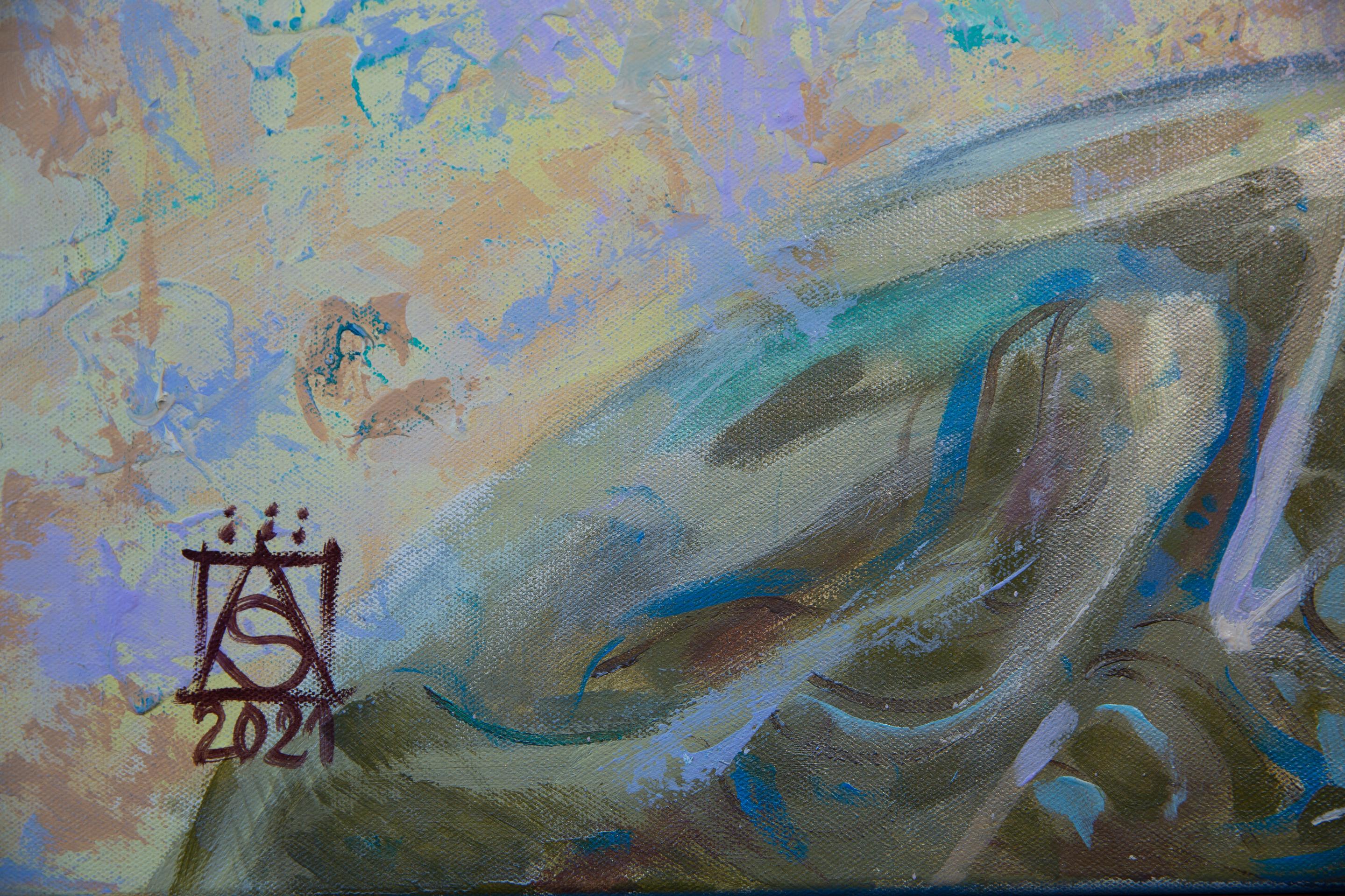 Sounds Of The Sea. Acrylic painting, figurative, woman, waves, semi-abstract - Gray Figurative Painting by Anna Shesterikova