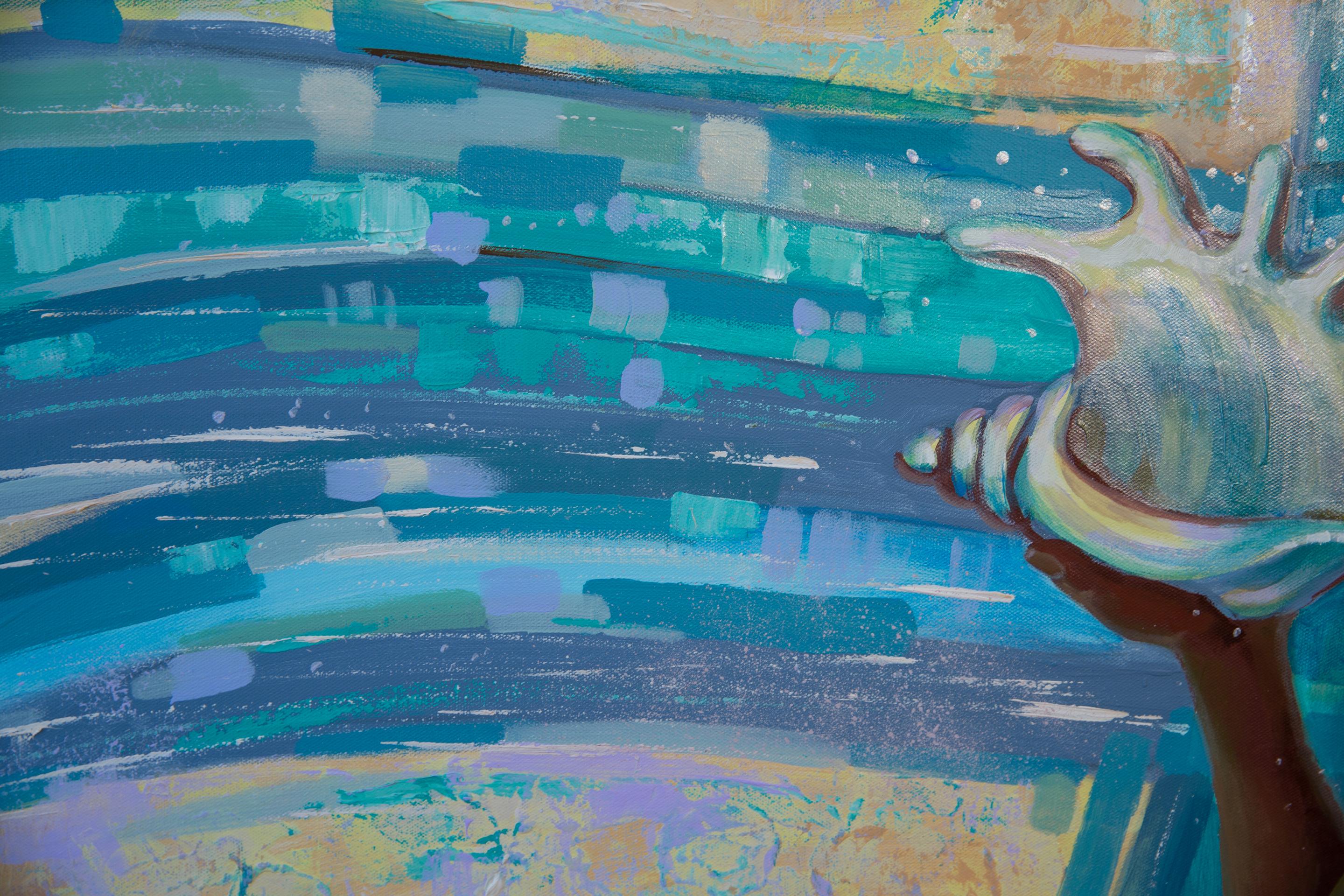 “Sounds Of The Sea” is a romantic painting of a woman listening to the sounds of a seashell, which takes me back to childhood memories of the whispering sea and a whole range of associations with the beauty of the water world, the lapping of waves