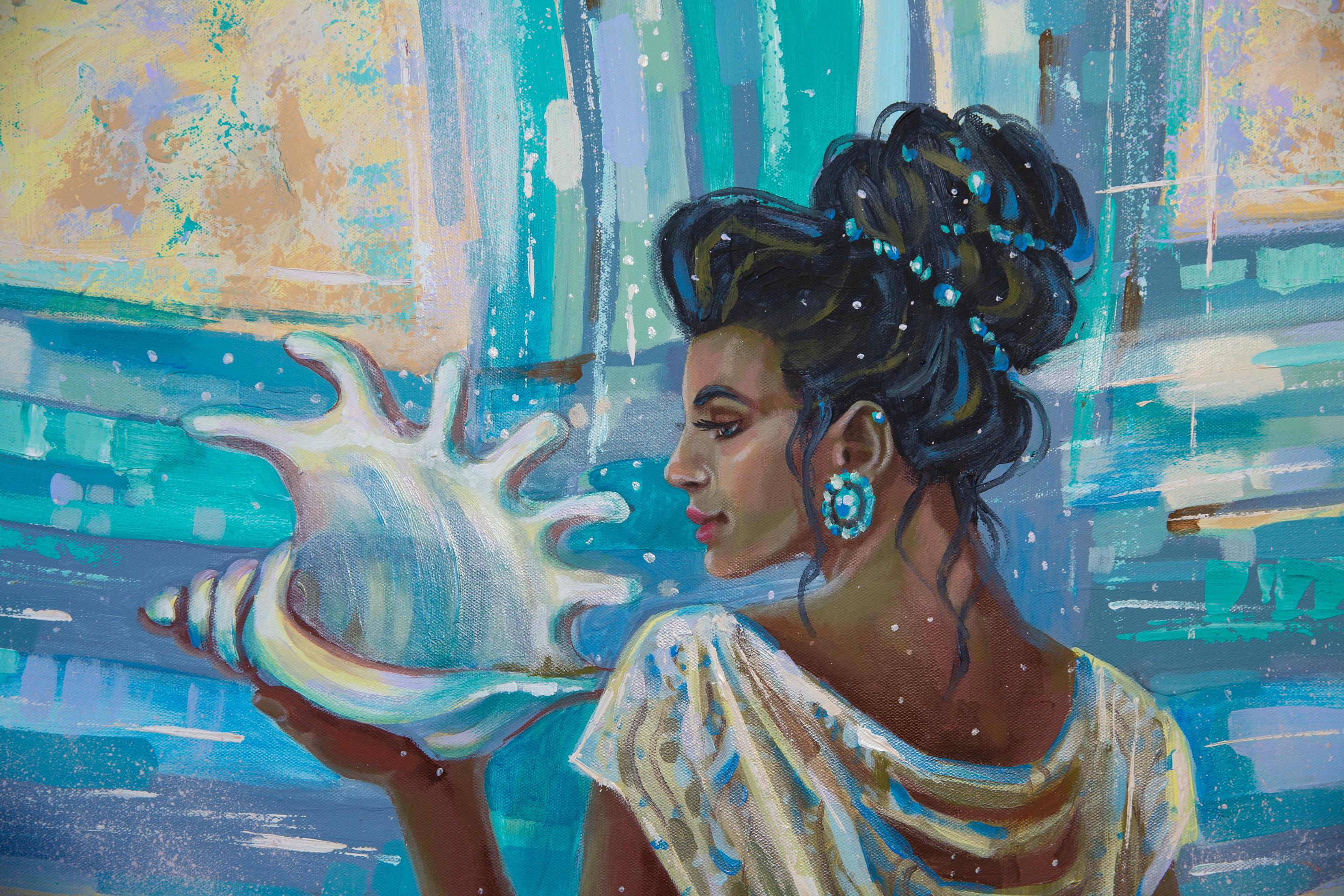 Sounds Of The Sea. Acrylic painting, figurative, woman, waves, semi-abstract For Sale 1