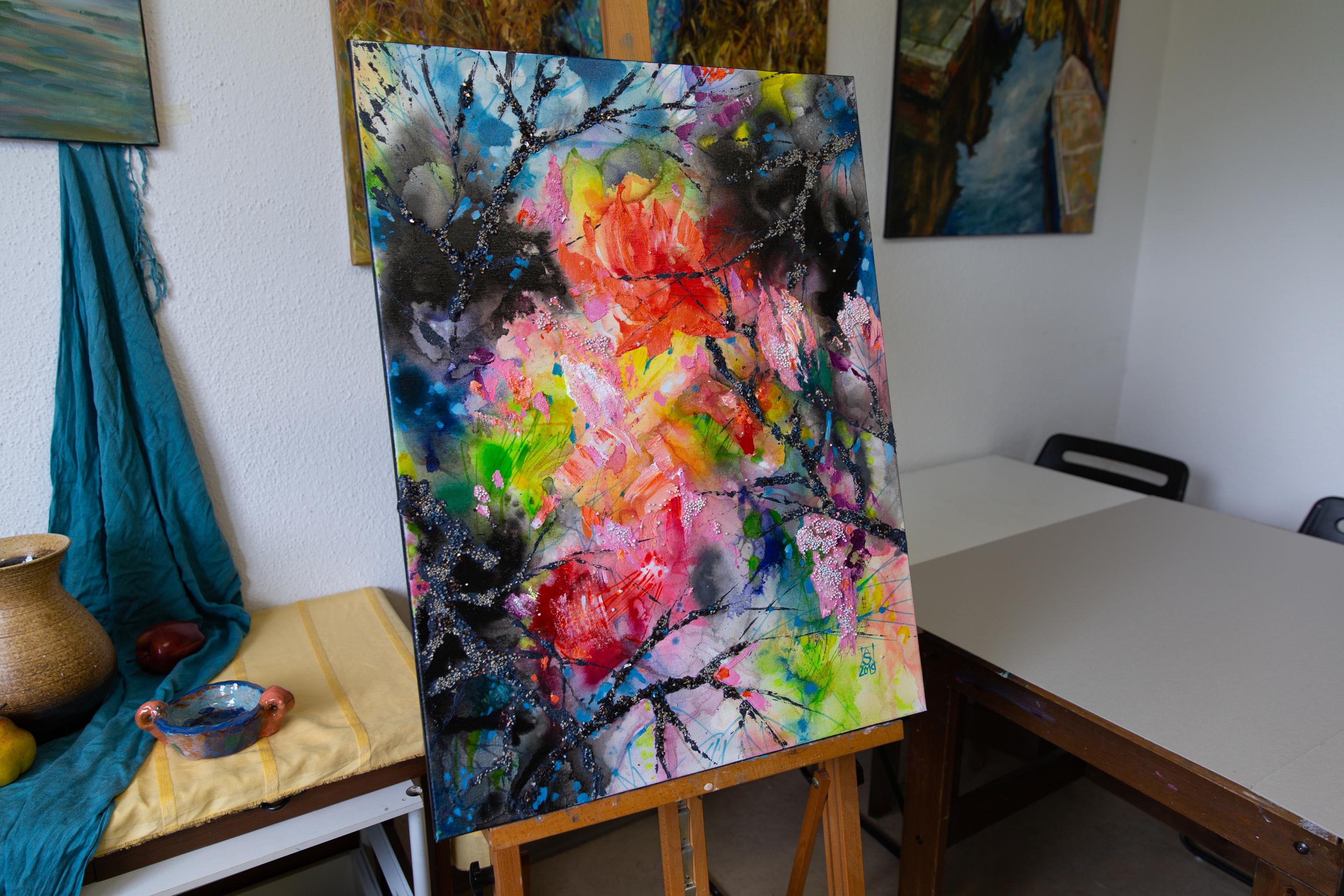 Spring Break. Semi-abstract, large, vertical, for a modern interior. Pink Black - Post-Impressionist Painting by Anna Shesterikova