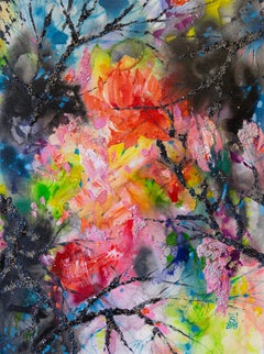 Vacaciones de primavera. Semiabstracto, grande, vertical, para un interior moderno. Rosa Negro