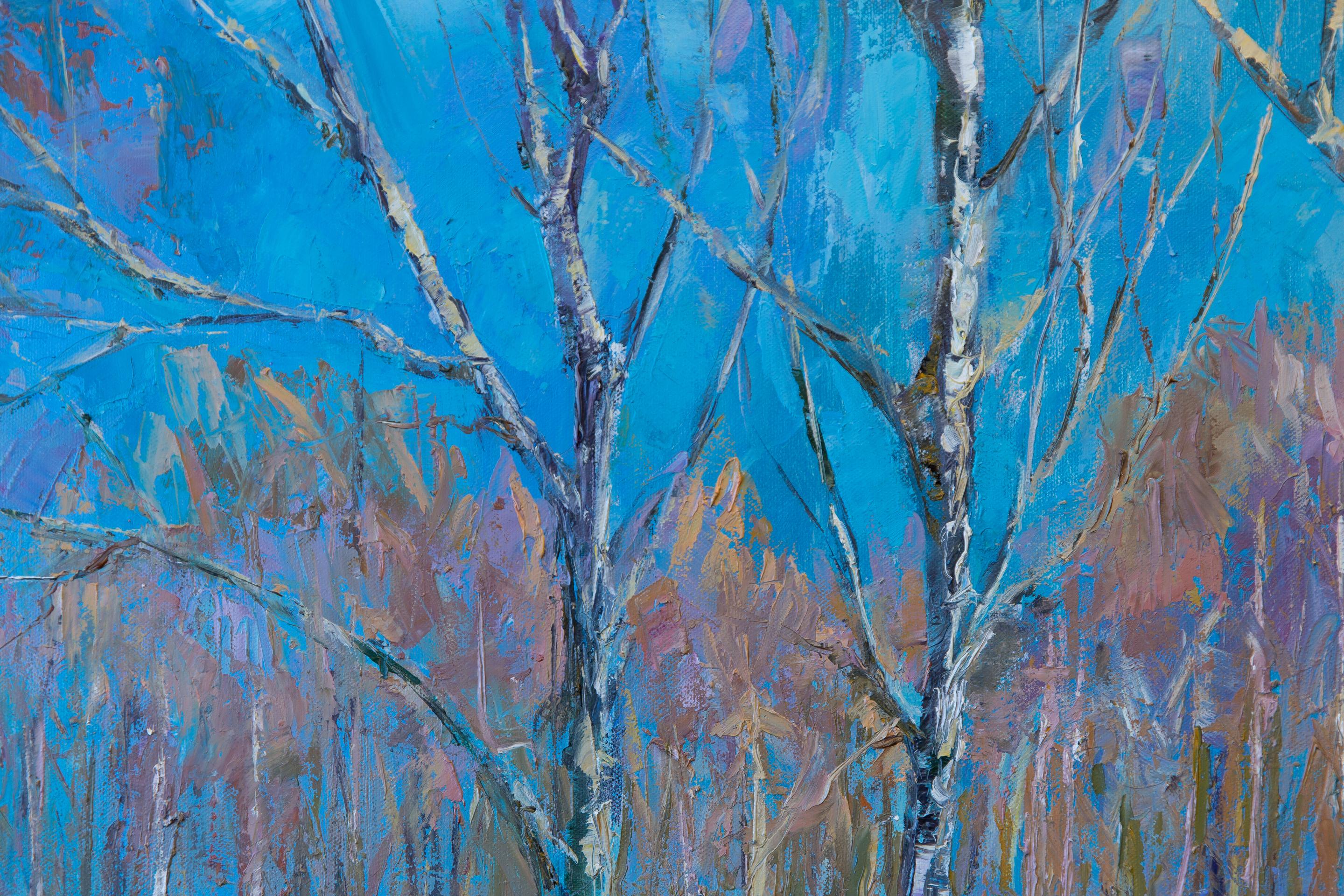 La primavera arriva presto. Paesaggio, impressionismo, olio, inverno, alberi, verticale, grande in vendita 7