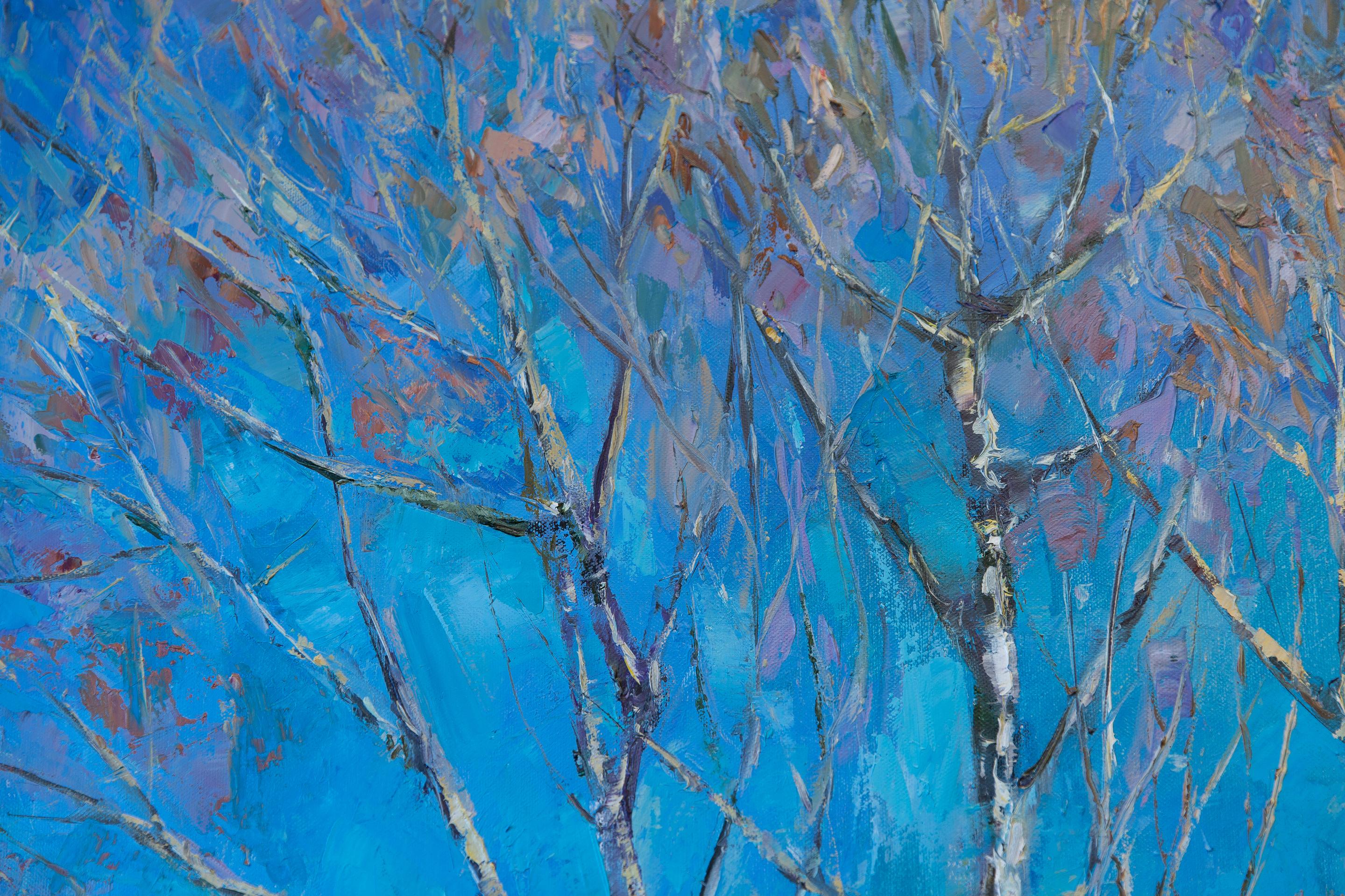 La primavera arriva presto. Paesaggio, impressionismo, olio, inverno, alberi, verticale, grande in vendita 8
