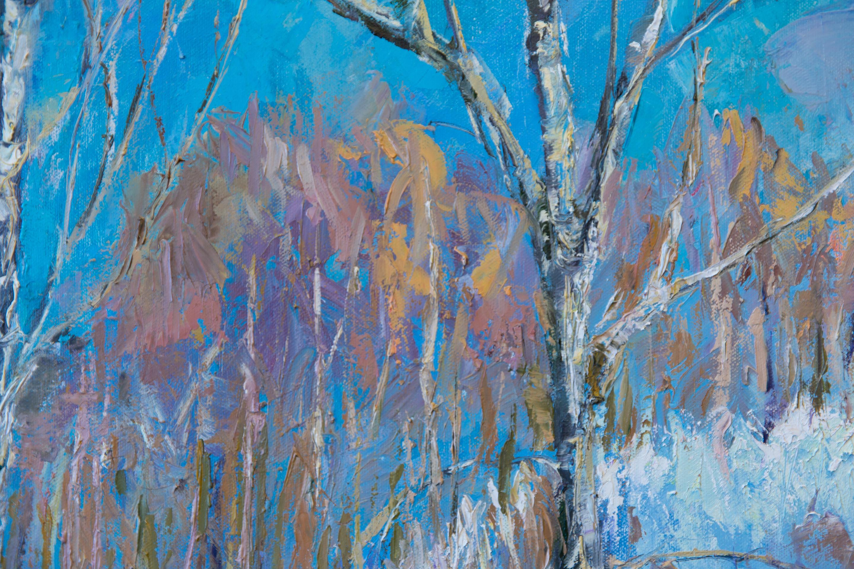 La primavera arriva presto. Paesaggio, impressionismo, olio, inverno, alberi, verticale, grande in vendita 9