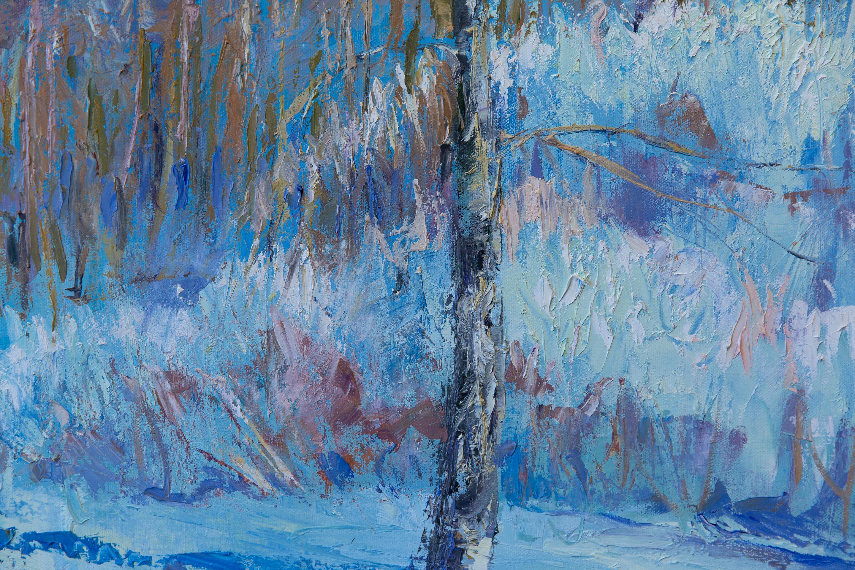 La primavera arriva presto. Paesaggio, impressionismo, olio, inverno, alberi, verticale, grande in vendita 10