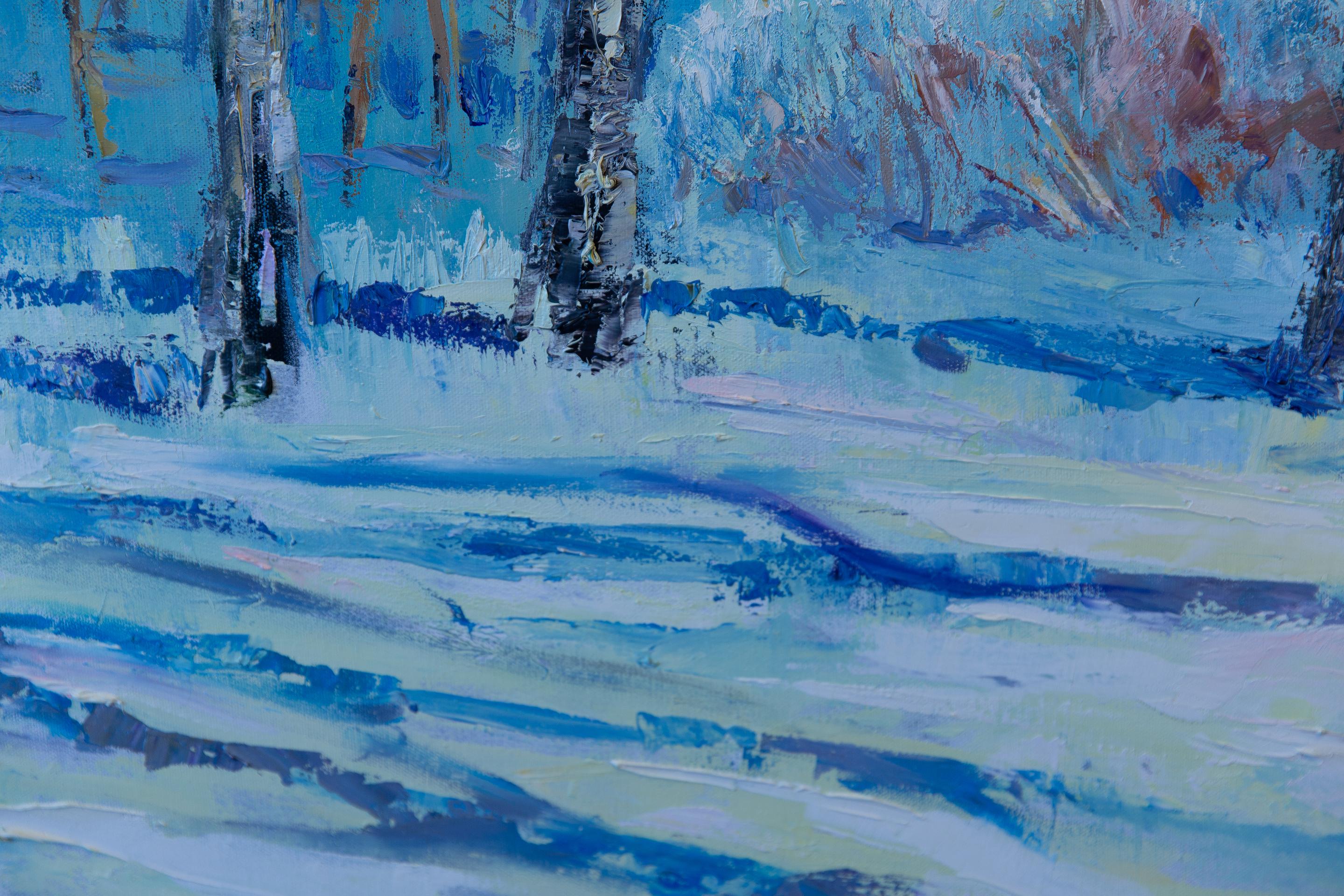 La primavera arriva presto. Paesaggio, impressionismo, olio, inverno, alberi, verticale, grande in vendita 11