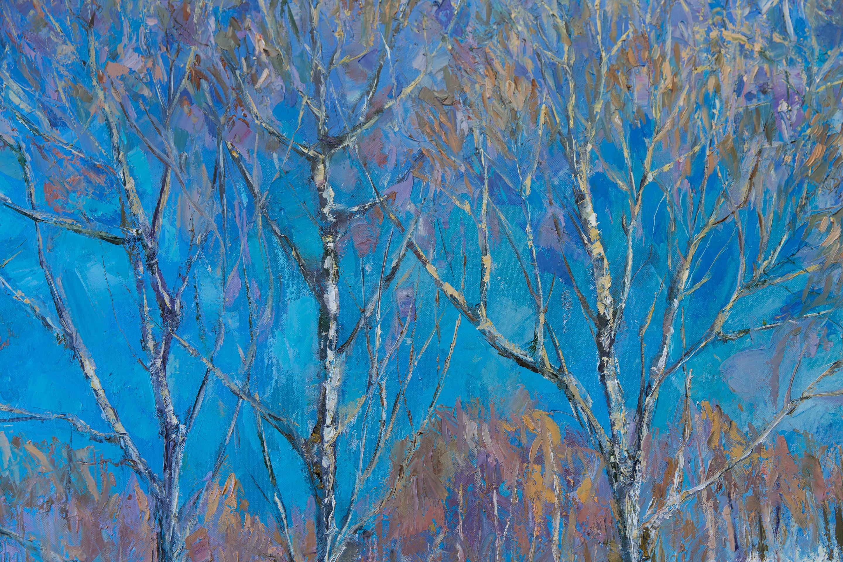 La primavera arriva presto. Paesaggio, impressionismo, olio, inverno, alberi, verticale, grande in vendita 12