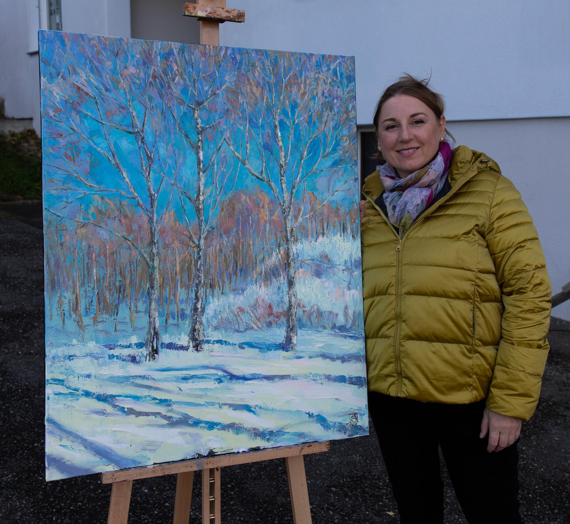 La primavera arriva presto. Paesaggio, impressionismo, olio, inverno, alberi, verticale, grande - Painting Postimpressionismo di Anna Shesterikova