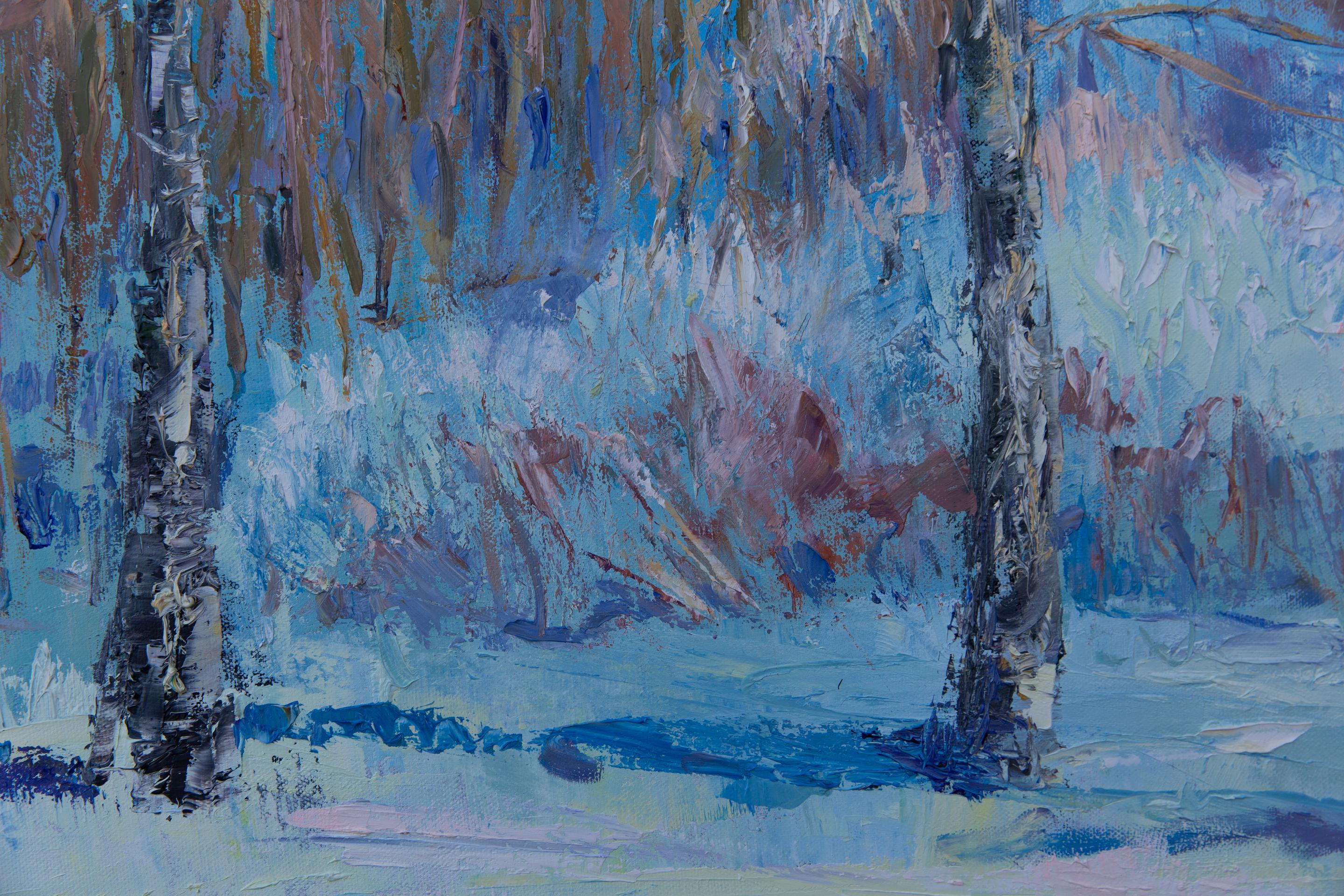 La primavera arriva presto. Paesaggio, impressionismo, olio, inverno, alberi, verticale, grande in vendita 2