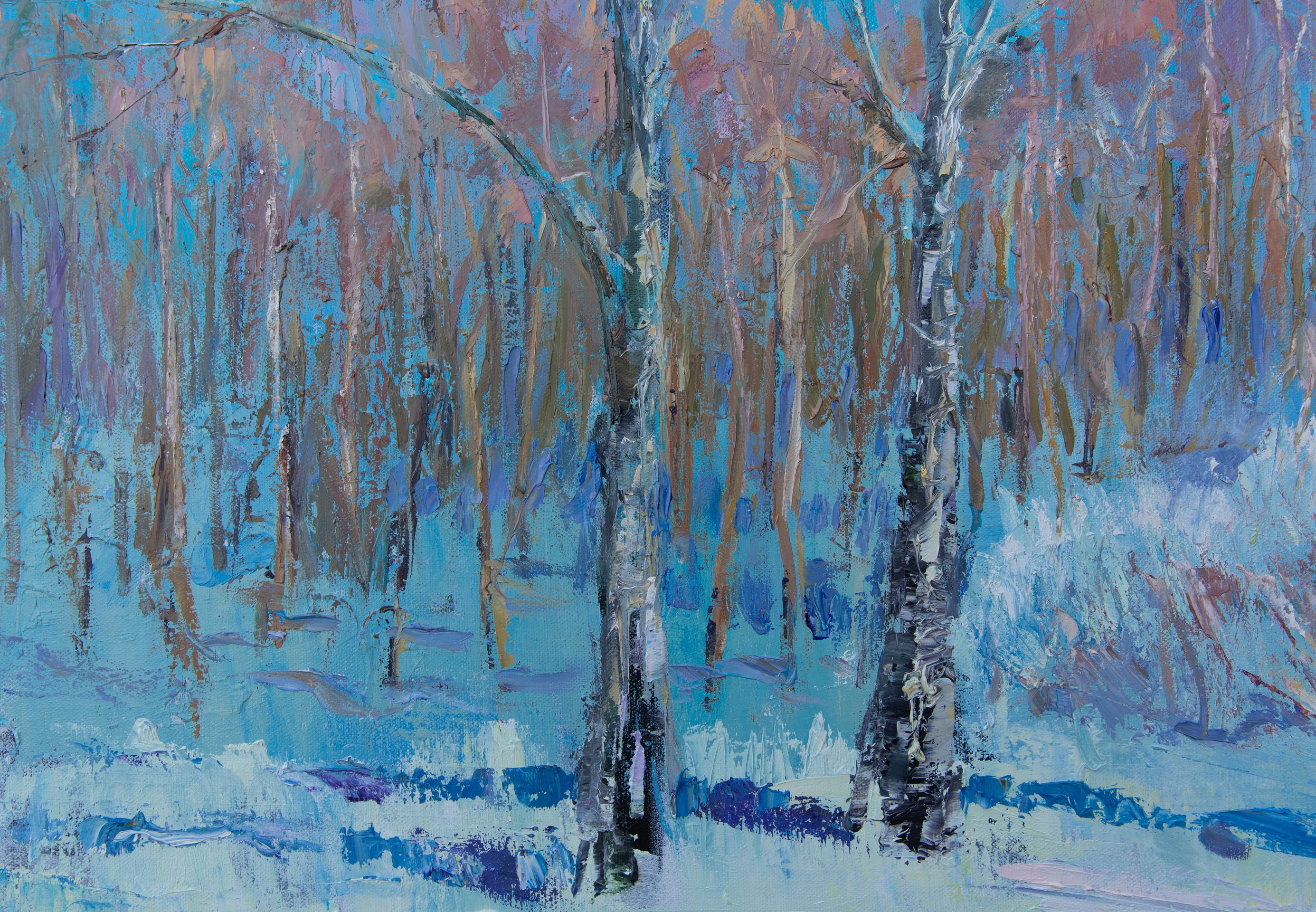 La primavera arriva presto. Paesaggio, impressionismo, olio, inverno, alberi, verticale, grande in vendita 3
