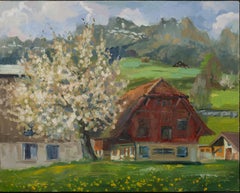 Spring Day in Gams. Landscape Paintings, mountains, Switzerland, impressionism