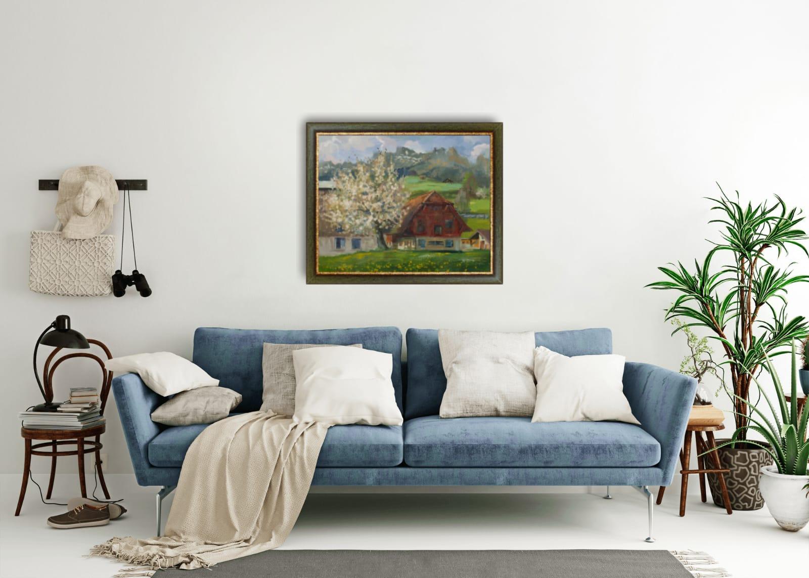 Spring Day in Gams. Mountain landscape, Alps, Switzerland. (Post-Impressionismus), Painting, von Anna Shesterikova