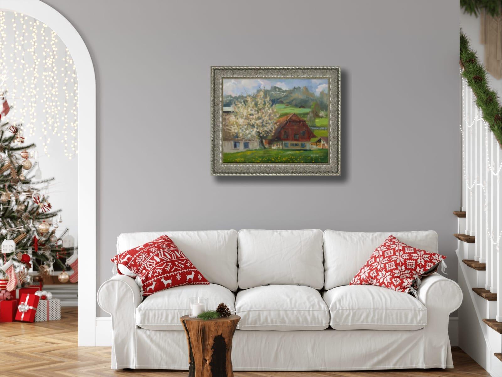 Mountain landscape in oil, impressionism, Alps, Switzerland, village, house, spring, flowering tree

