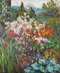 Spring In My Town. Vertical, floral, nature, Landscape Paintings, impressionism