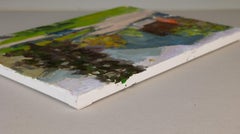 Primavera en Walenstadt. Paisaje al óleo con montañas y casa. Impresionismo.