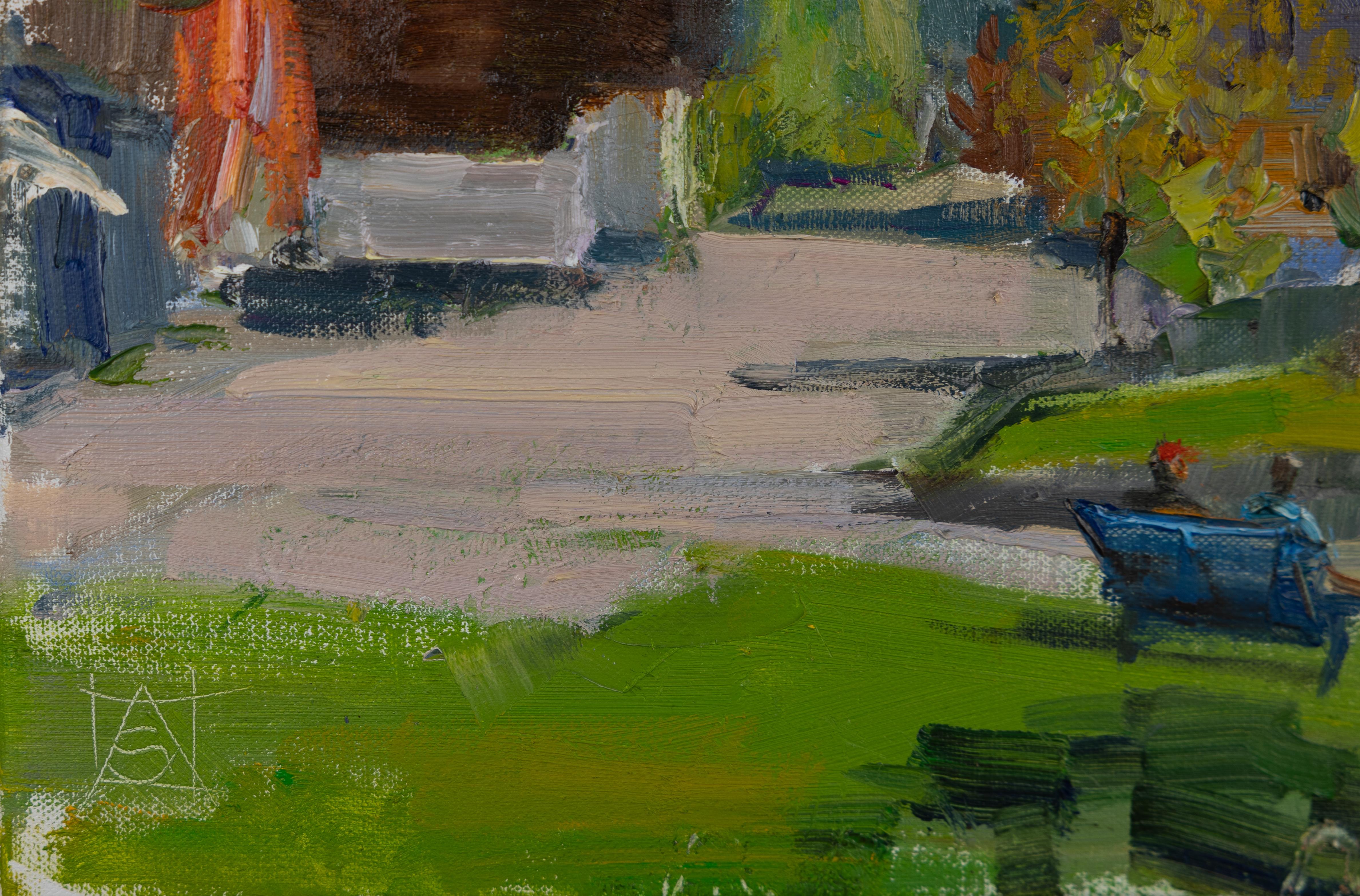 Spring in Walenstadt. Landscape in oil with mountains and house. Impressionism. - Gray Landscape Painting by Anna Shesterikova
