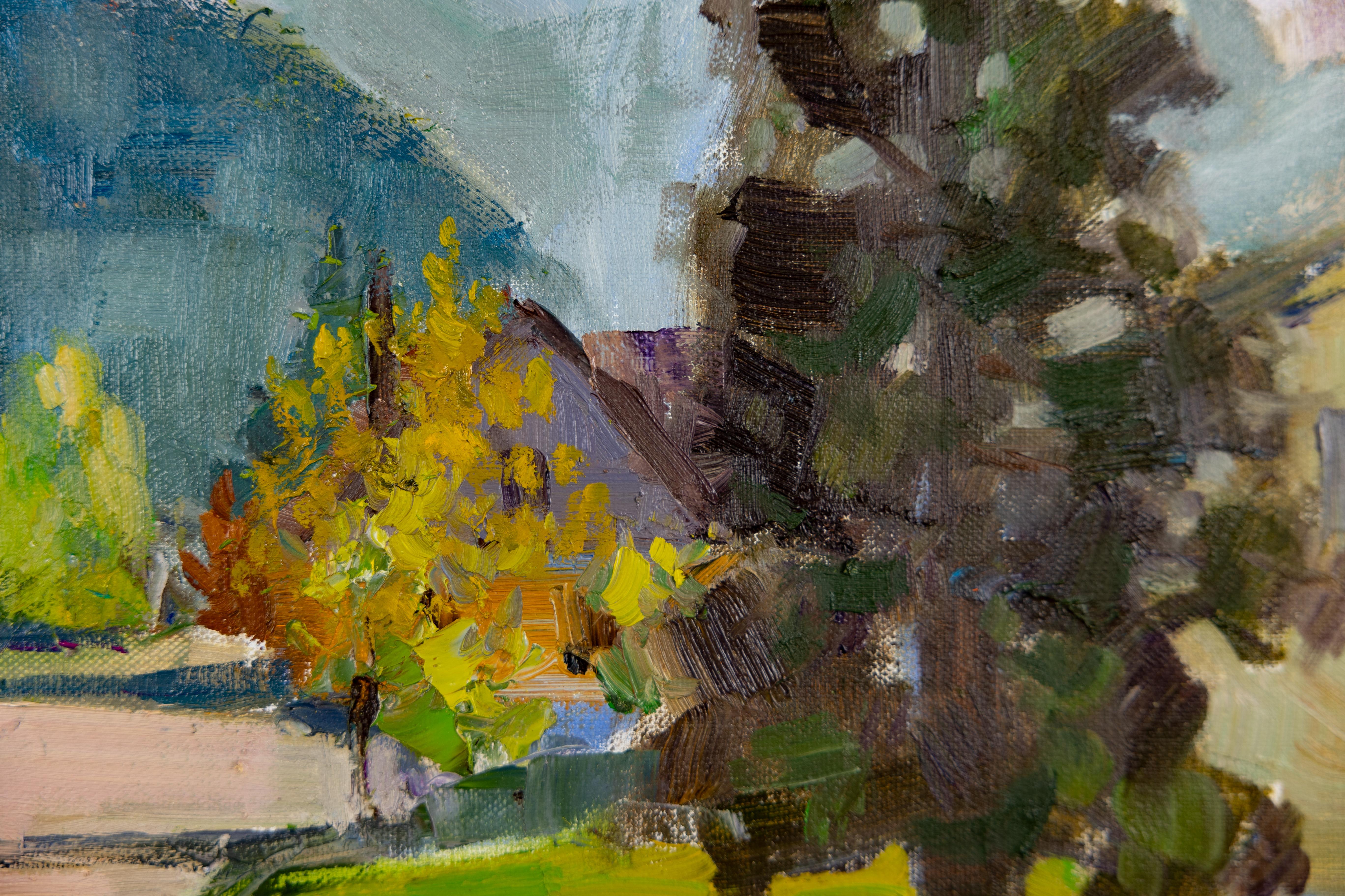 Spring in Walenstadt. Landscape in oil with mountains and house. Impressionism. For Sale 1