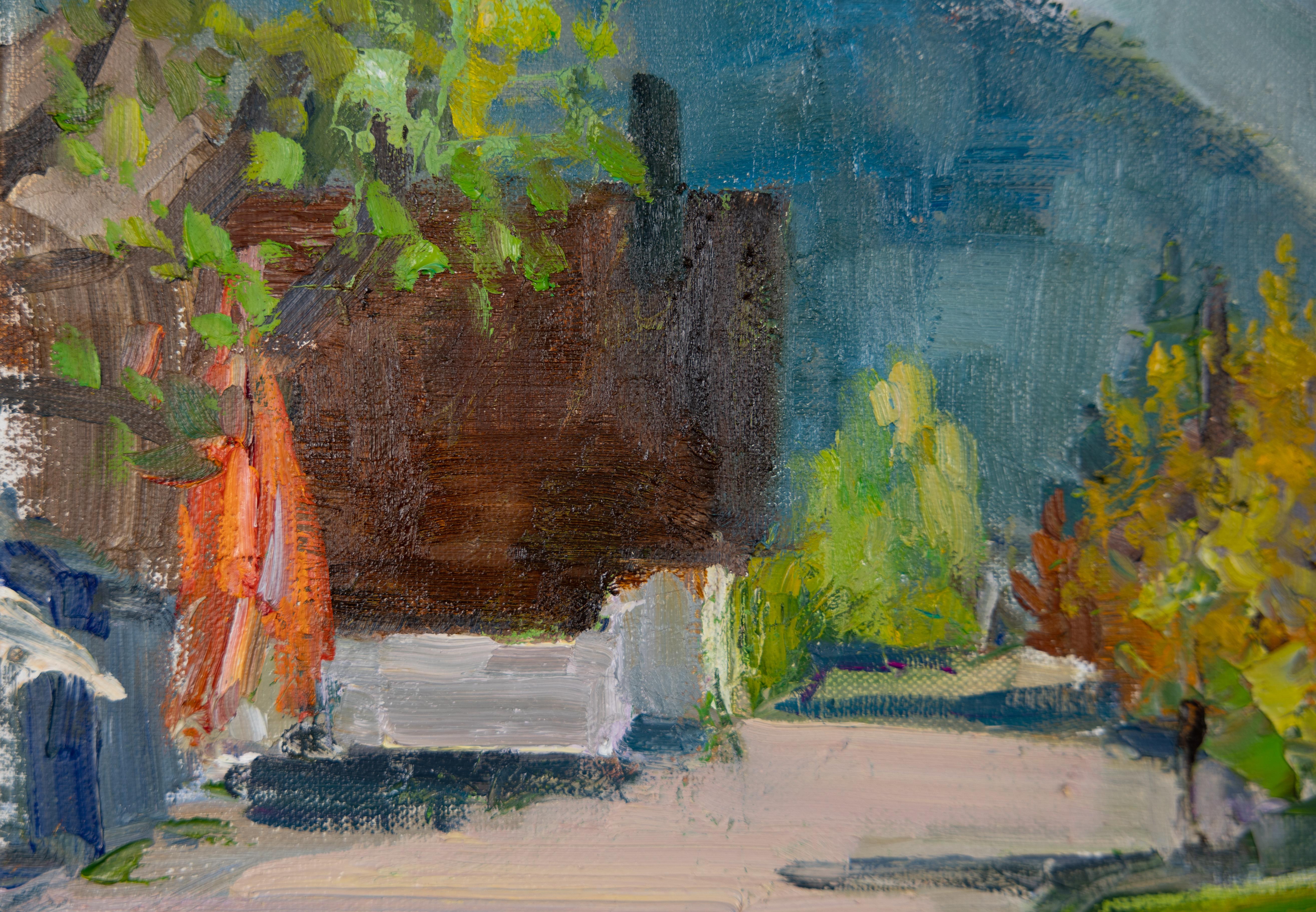 Spring in Walenstadt. Landscape in oil with mountains and house. Impressionism. For Sale 2