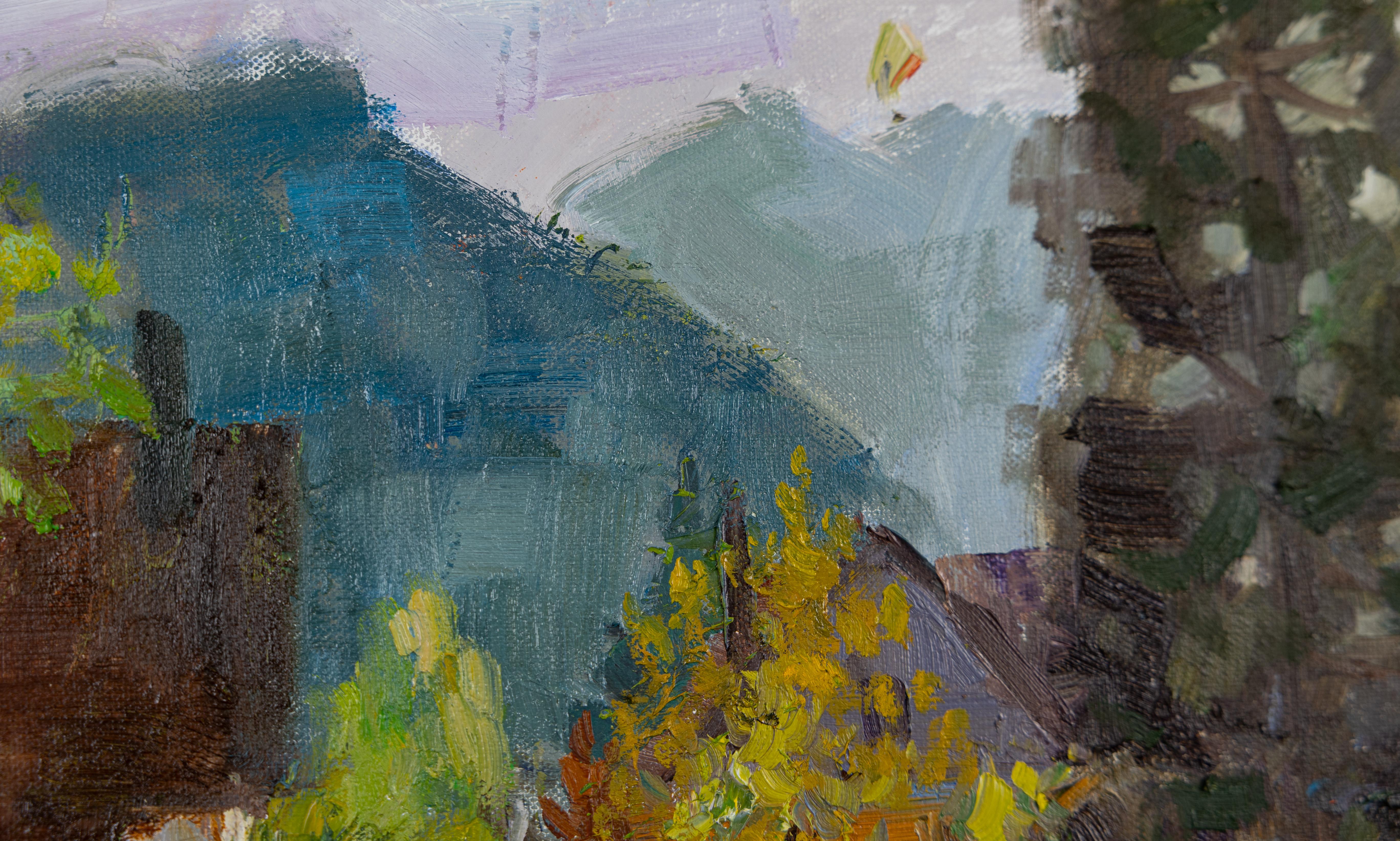 Spring in Walenstadt. Landscape in oil with mountains and house. Impressionism. For Sale 3