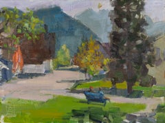 Spring in Walenstadt. Landscape in oil with mountains and house. Impressionism.
