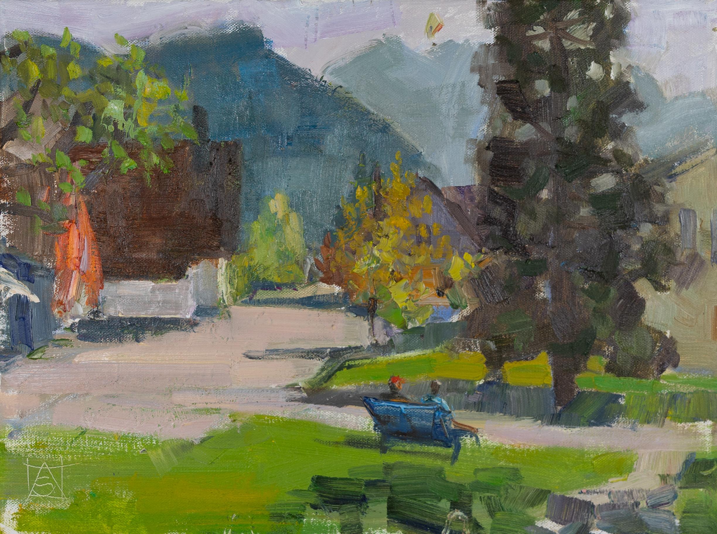 "I painted this sketch outdoors in April 2024 in the Swiss town of Walenstadt." said Anna Shesterikova to this painting. "It was a clear, sunny day. The awakened nature has spread bright green carpets of grass. People are relaxing on a bench,