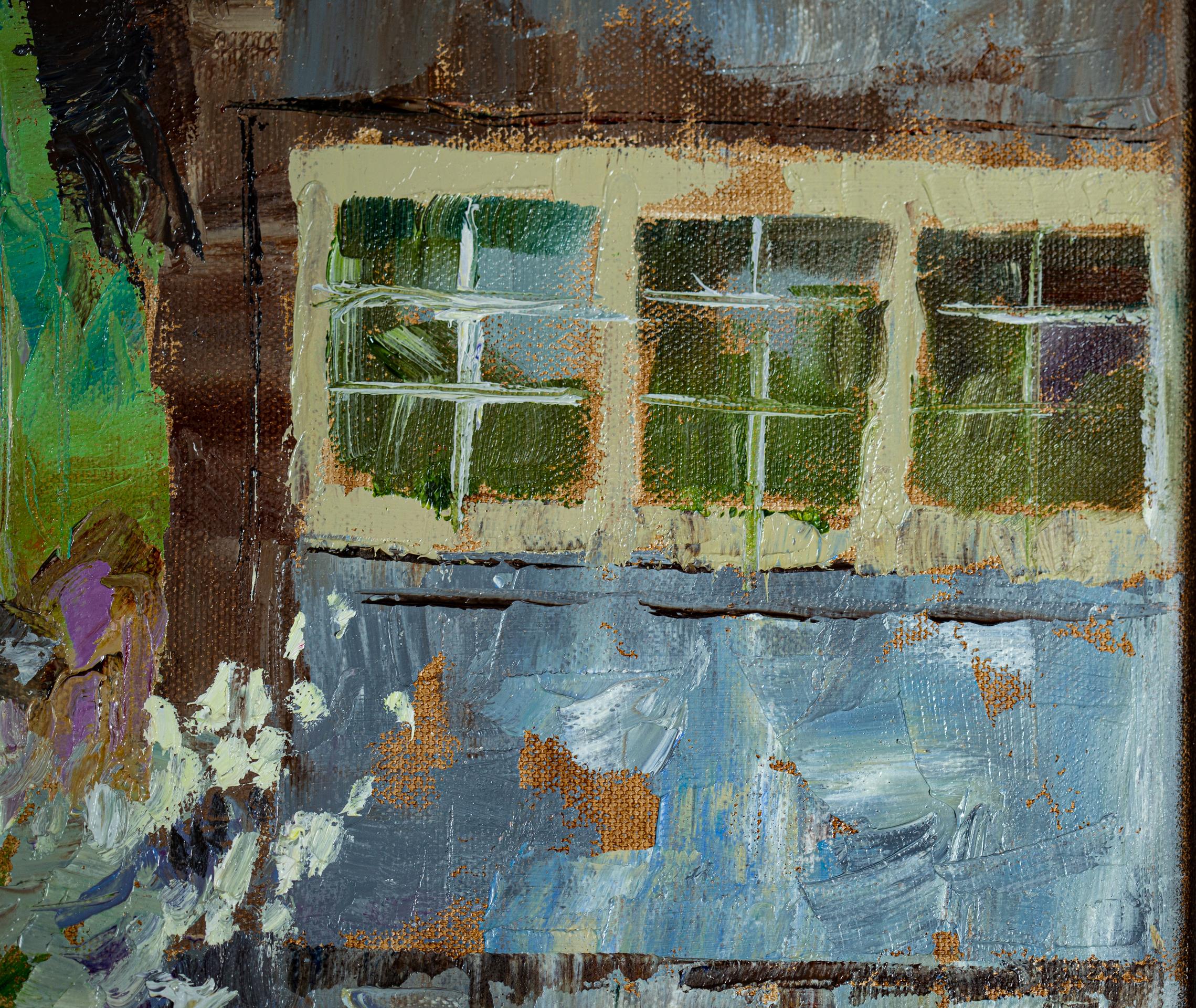 Spring in Werdenberg, Postimpressionismus, Ölgemälde, horizontal, Blumen, Tow im Angebot 5