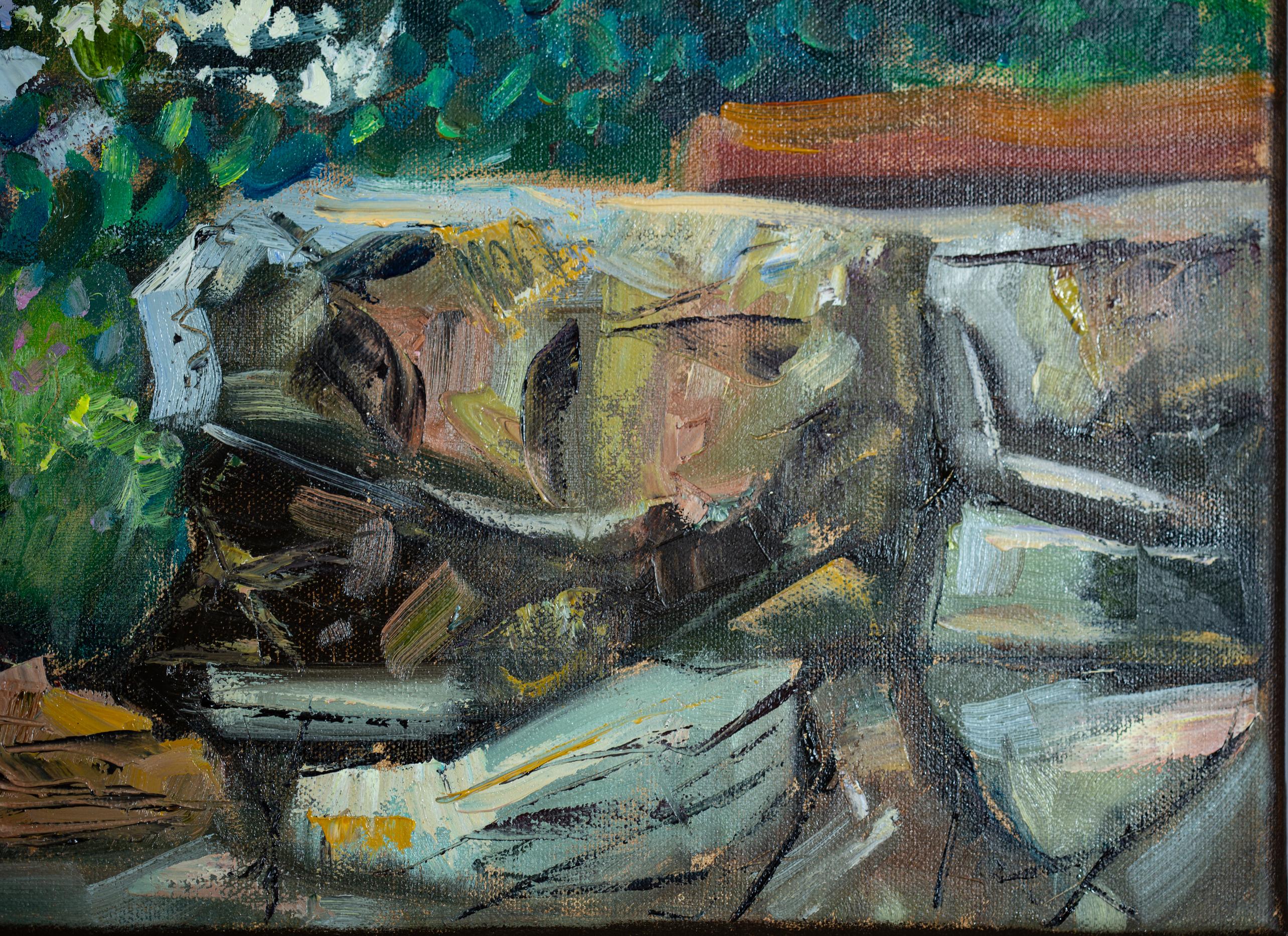 Spring in Werdenberg, Postimpressionismus, Ölgemälde, horizontal, Blumen, Tow im Angebot 7