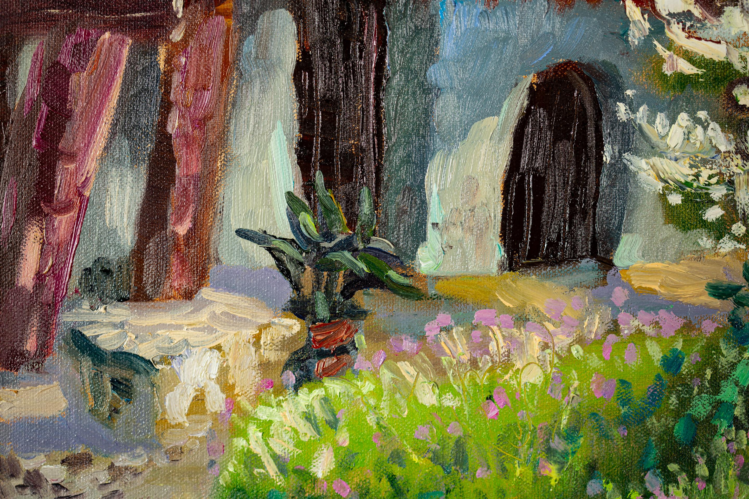 Spring in Werdenberg, Postimpressionismus, Ölgemälde, horizontal, Blumen, Tow im Angebot 1