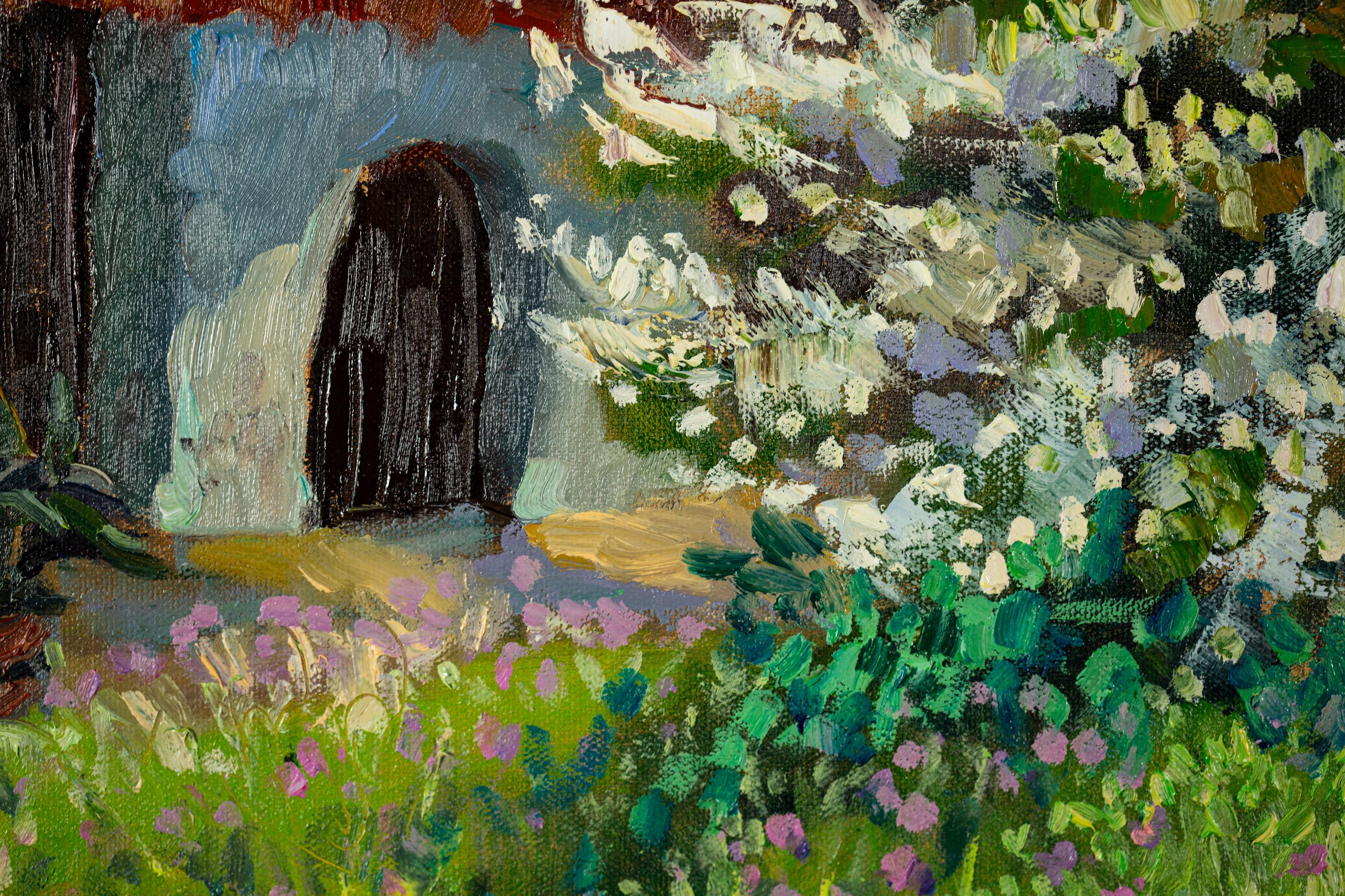 Spring in Werdenberg, Postimpressionismus, Ölgemälde, horizontal, Blumen, Tow im Angebot 2