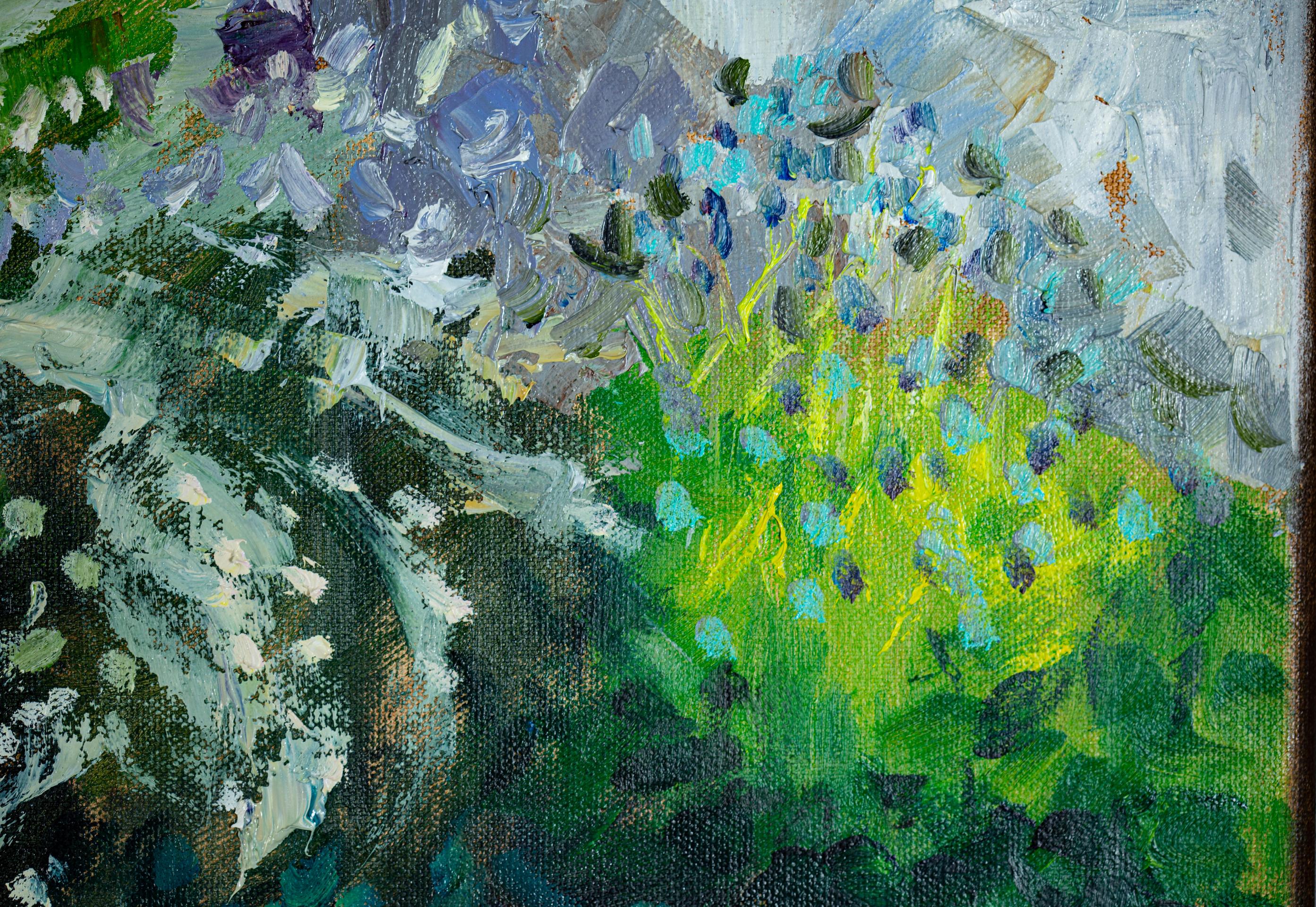 Spring in Werdenberg, Postimpressionismus, Ölgemälde, horizontal, Blumen, Tow im Angebot 3